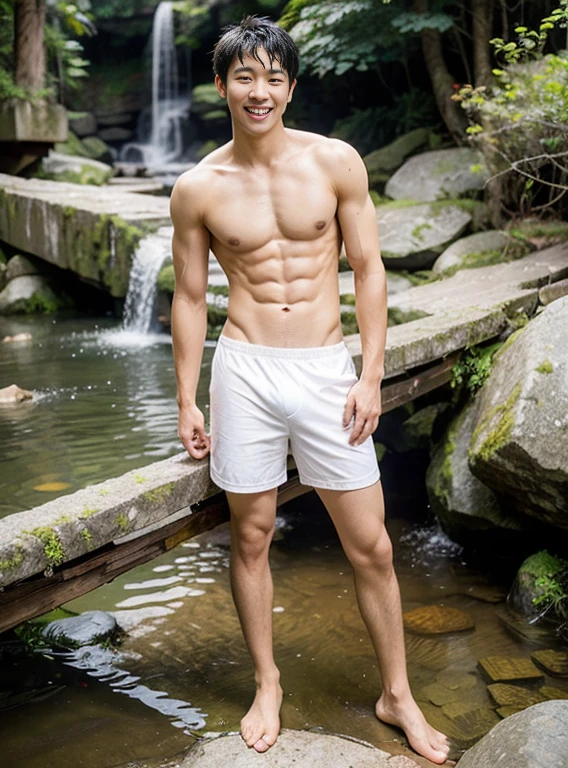 Create the image of a handsome 18 year old Asian man.., kawaii, Nude, with abdominal muscles, pink, and wearing white underwear., wet, Crotch raised, barefoot, Full-body stand, Waterfall side, smile, anatomically correct, high-detail, bestquality