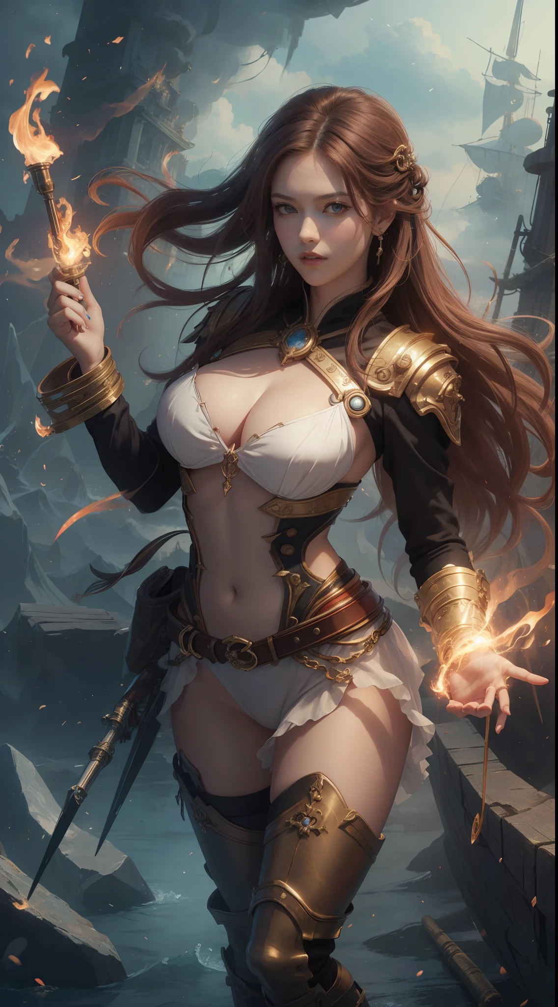 tmasterpiece,Highest image quality,Beautiful full body portrait of a noble pirate girl,Exquisite red super short hairstyle,tying hair,Clear golden eyes,Hand-held fire hammer,extra long martin boots,Age of Discovery Pirate Suit,Ultra-detailed details,advanced。At the Pixiv Art Station,Break your own power,Louie,Big breasts exposed,R-18G