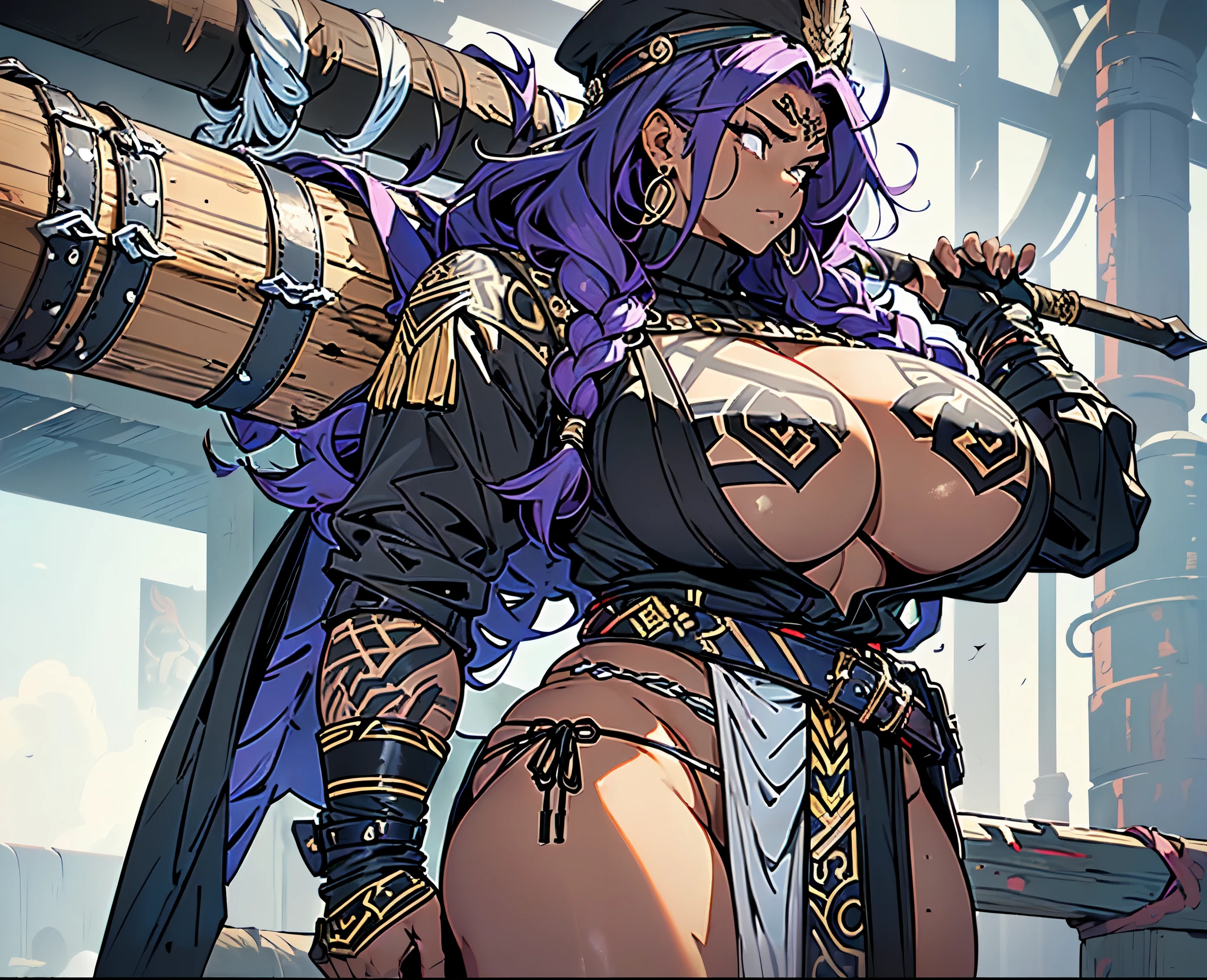 (Very angry girl with dark grey skin and tribal tatto), ((1girl)) dark purple hair, crazy messy curly long hair, (white eyeusculars), (thick thighs), solo, very angry, ((dark grey skin)), (10 pack abs), long leg muscular thighs, (strong jawline), ((((big huge saggy long tittieig muscular wide broad shoulders), wide hips huge, wide waste, (( very big muscular veiny arm)), big trapeziusfur coat, black crop top turtle neck sweater with no arm sleeves, fur cloak, ( military cap), (tribal loincloth dress), Golden barbarian belt, (holding weapon in the right), tribal garb clothing, thicc milf, muscular,