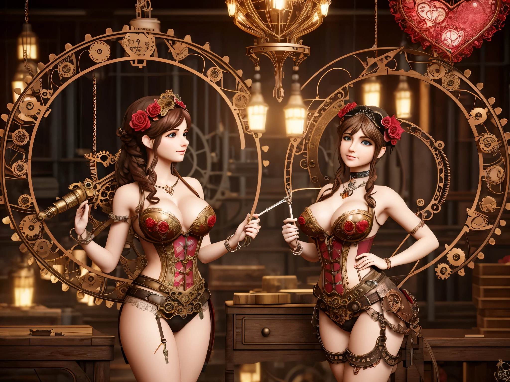 Visualize Cupid in a steampunk-inspired workshop crafting 3D hearts and roses with gears and intricate machinery, surrounded by swirling fractal patterns that represent the magic of love, enormous tits, (full body:1.5)