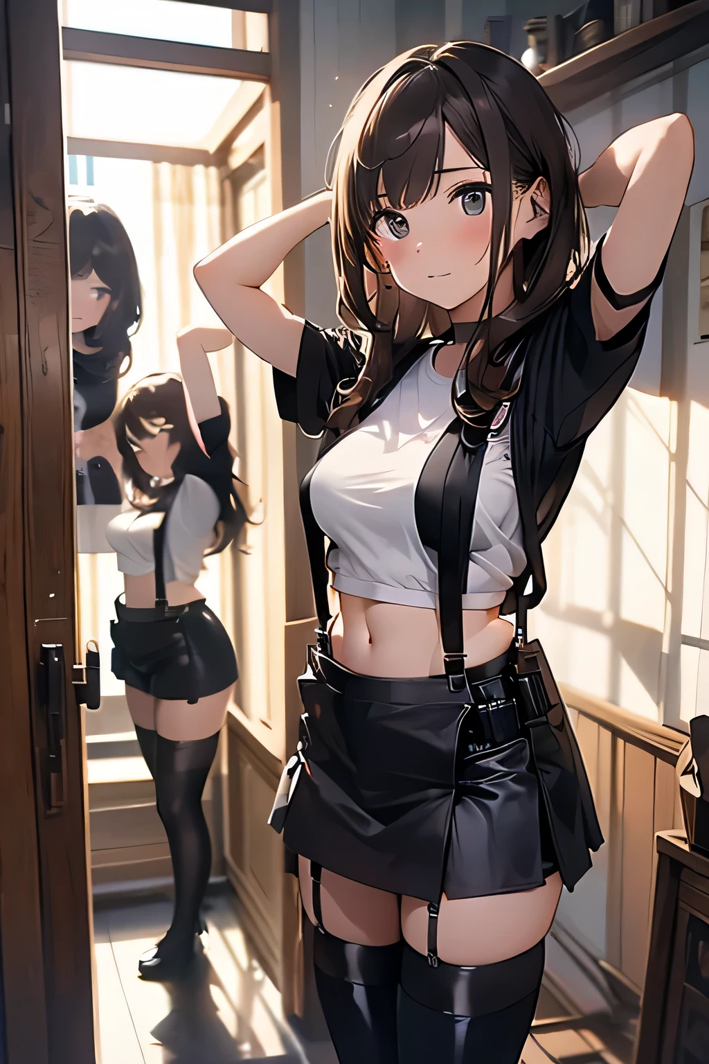 Brown hair、watching at viewers black suspenders bulging big tits walls: Black miniskirt garters Gaze a small face bangss holster Beautuful Women Hands up レッグholster ベッドに横たわる Gaze black boots panty shot Provocation flank flank汗 Soio arms are