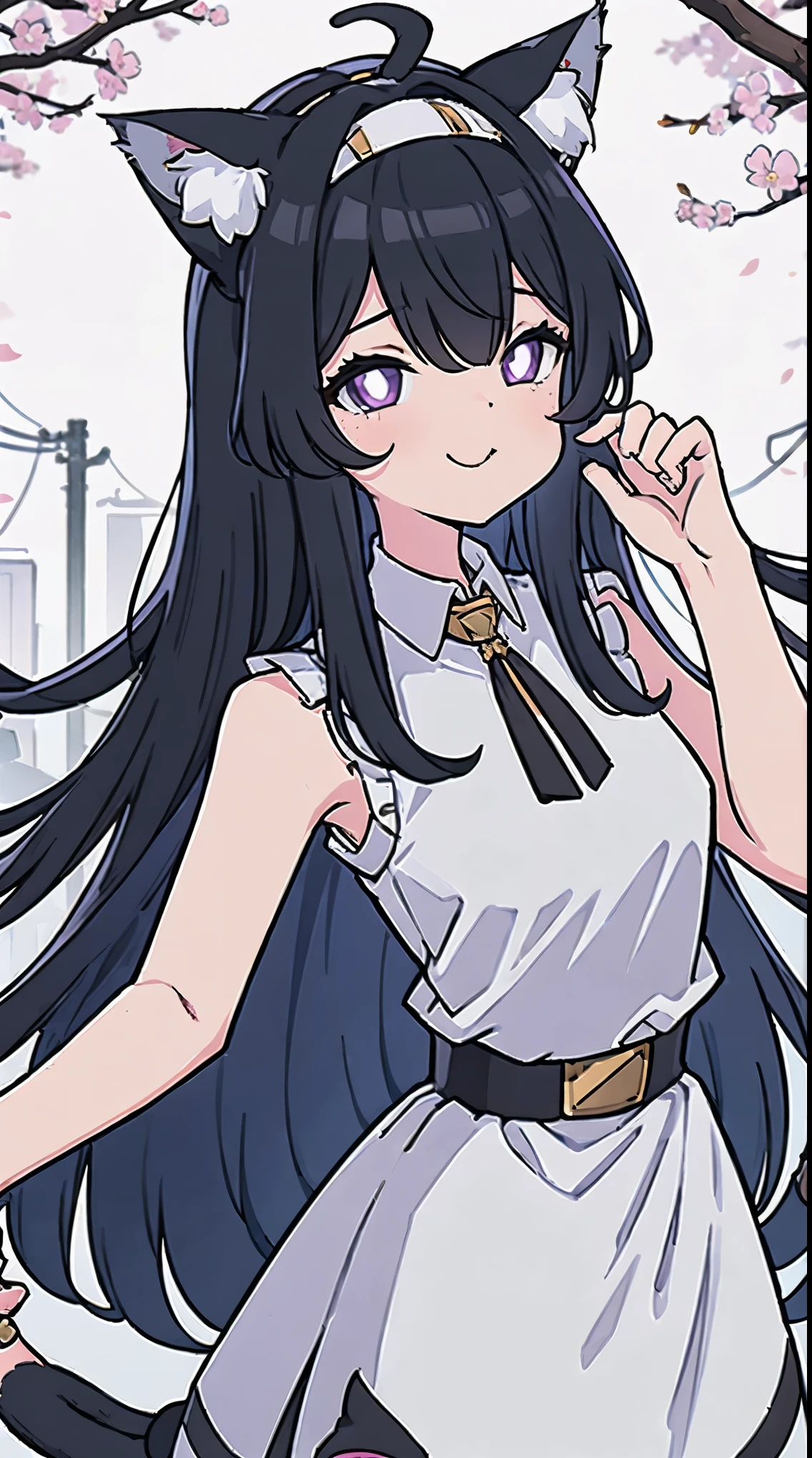 1girl, animal ear fluff, (cat ears:1.6), bangs, black hairband, blurry, blurry background, depth of field, dress, flower, frilled dress, frills, heterochromatic eyes, hairband, sleeveless, sleeveless dress, smile, solo, tail, wrist cuffs, (no visible ears:1.6), (ears hidden by hair:1.4), highly detailed background