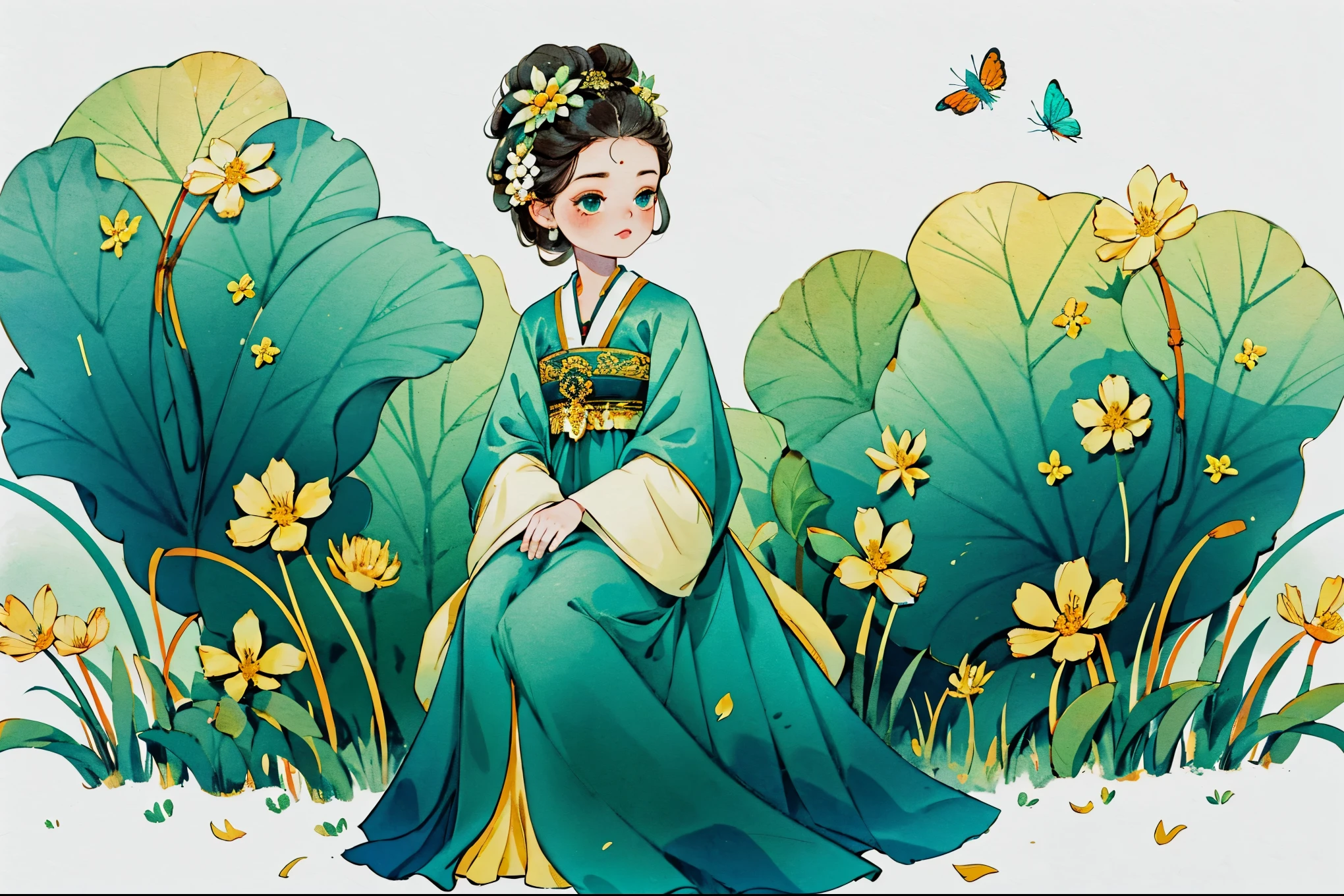 1 Sister, Alone, looking at viewert, face flushed, Background with, black hair color hair, hair adornments, longer sleeves, white backgrounid, Eternal, Full body lesbian, Green set, , flowers blooming, hairflower, hair-bun, butterflys, tmasterpiece, recent quality, The finest details, Clear facial features, beautidful eyes
