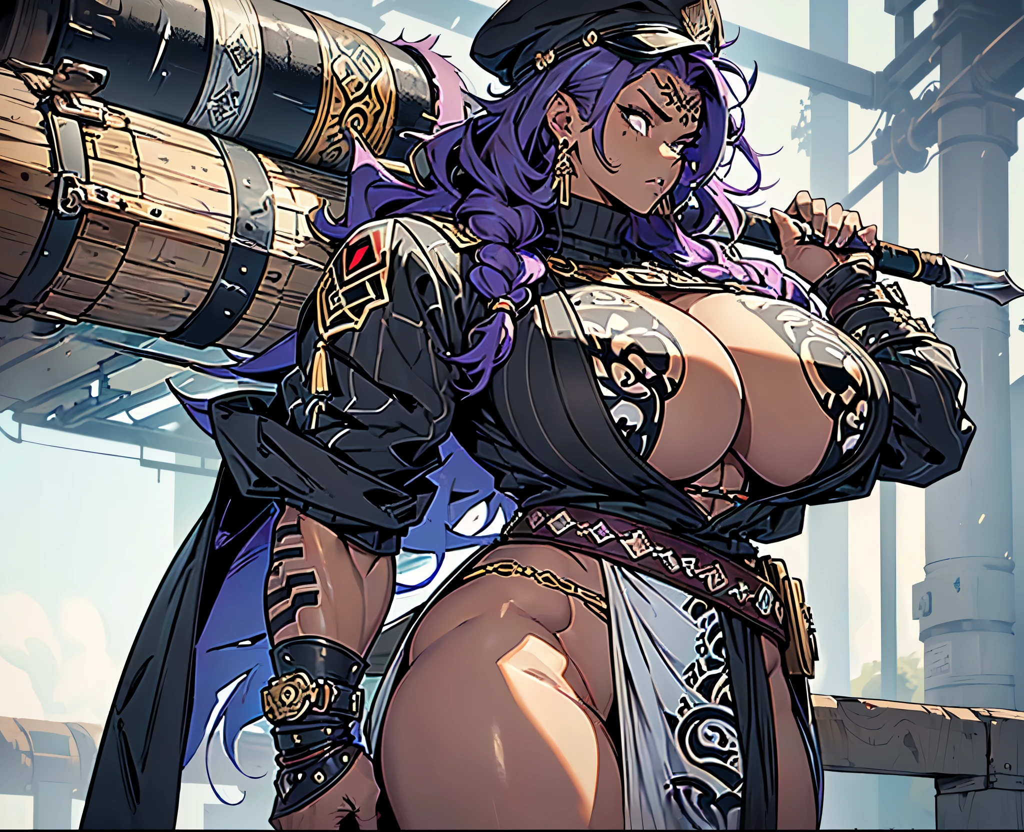 (Very angry girl with dark grey skin and tribal tatto), ((1girl)) dark purple hair, crazy messy curly long hair, (white eyeusculars), (thick thighs), solo, very angry, ((dark grey skin)), (10 pack abs), long leg muscular thighs, (strong jawline), ((((big huge saggy long tittieig muscular wide broad shoulders), wide hips huge, wide waste, (( very big muscular veiny arm)), big trapeziusfur coat, black crop top turtle neck sweater with no arm sleeves, fur cloak, ( military cap), (tribal loincloth dress), Golden barbarian belt, (holding weapon in the right), tribal garb clothing, thicc milf, muscular,