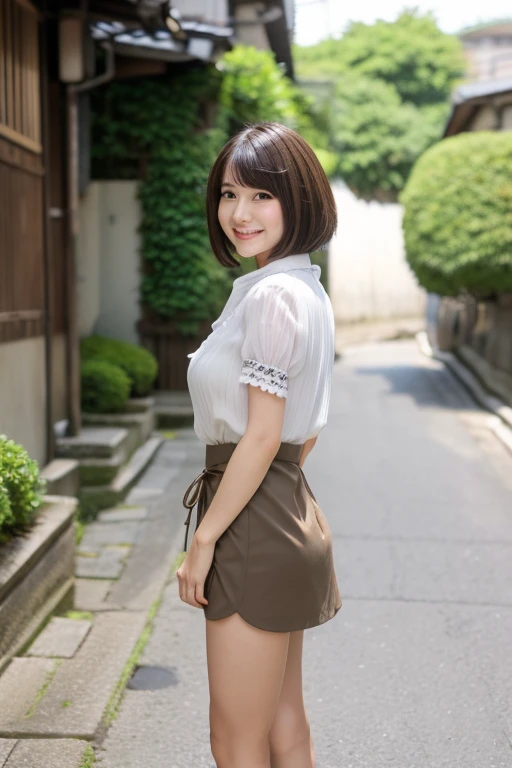 Japan Beauty,High Teenager,a smile
(Detailed body,lean body,the bust is small,Modest,big breasts thin waist,thick butt,Thick thighs,Thick calf,White sandals)
(detailed photo composition,is standing,FULL BODYSHOT,full body shot,Shot straight ahead,Standing,eye level photo)
(A detailed face,elongated facial contour,少しa smile,Sharp cheeks,Round chin,neat nose)
(A detailed eye,Looking at the camera,skinny cheeks,Round chin,Slender eyes,Beautiful eyes,Dark gray eyes)
(Detailed hair,Bob cut hair,a little brown hair)
(detailed costume,Navel Ejection,sheer short sleeve blouse,Fluttering mini skirt)
(Detailed shooting location,Full screen onidokoro leaf wall)