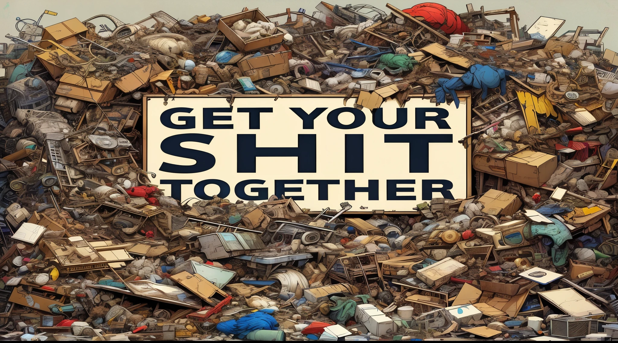 there is a pile of junk with a sign that says get your  together, official artwork, , album art, album art cover, promo art, josan gonzales, tristan eaton & greg rutkowski, geof darrow art, piles of trash and junk, victo ngai and tristan eaton, josan gonzales and dan mumford, album artwork