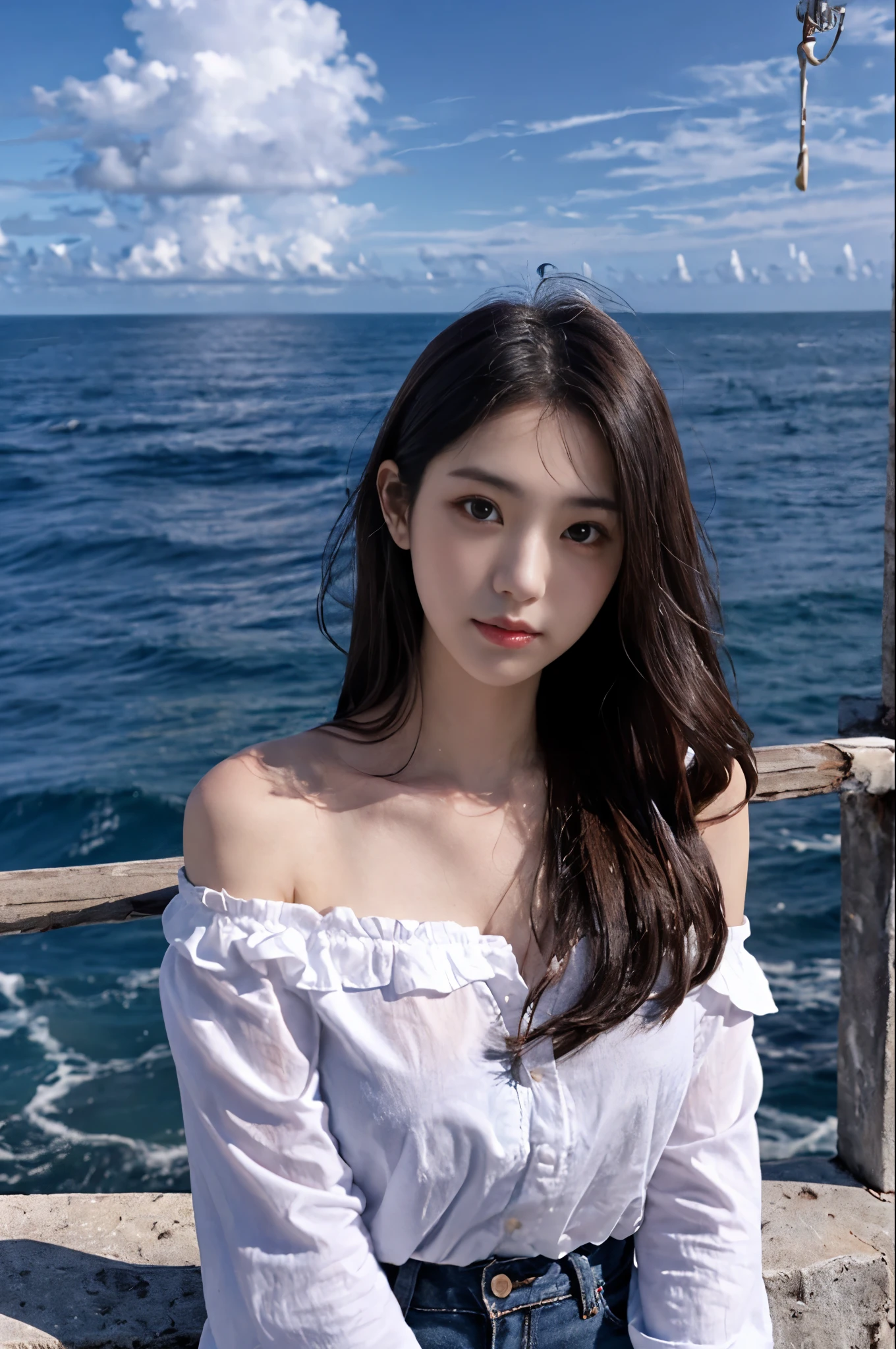 lady, posing to viewer, solo:1, pov,
ocean background, long hair, upper body, white Off-shoulder shirt,