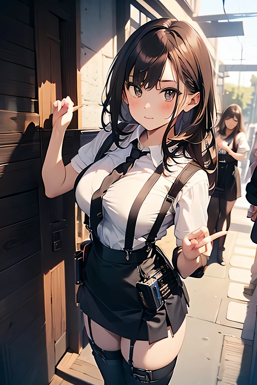 Brown hair、watching at viewers black suspenders bulging big tits walls: Black miniskirt garters Gaze a small face bangss holster Beautuful Women Hands up レッグholster ベッドに横たわる Gaze black boots panty shot Provocation flank flank汗 Soio arms are