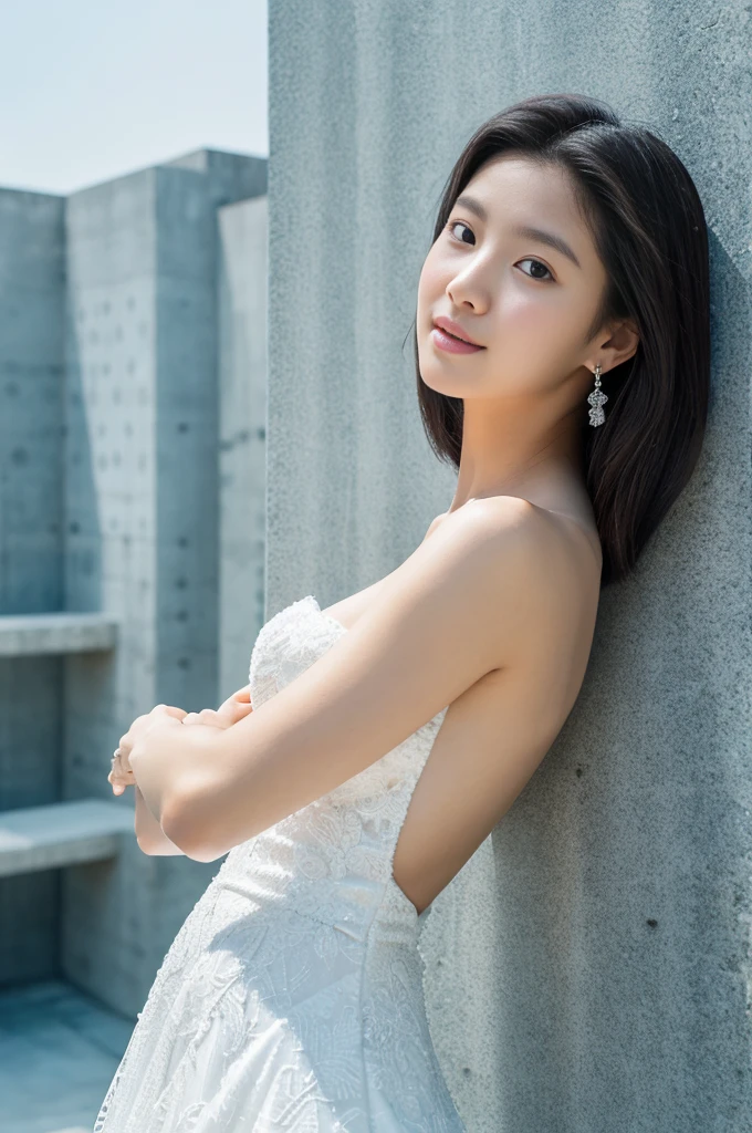 a woman in an elegant white gown,in front of a modern metabolist structure,1 woman,.Korean idols, japanese beauty, high quality, detailed face, five fingers, best quality,The background features the textured surface of raw concrete.