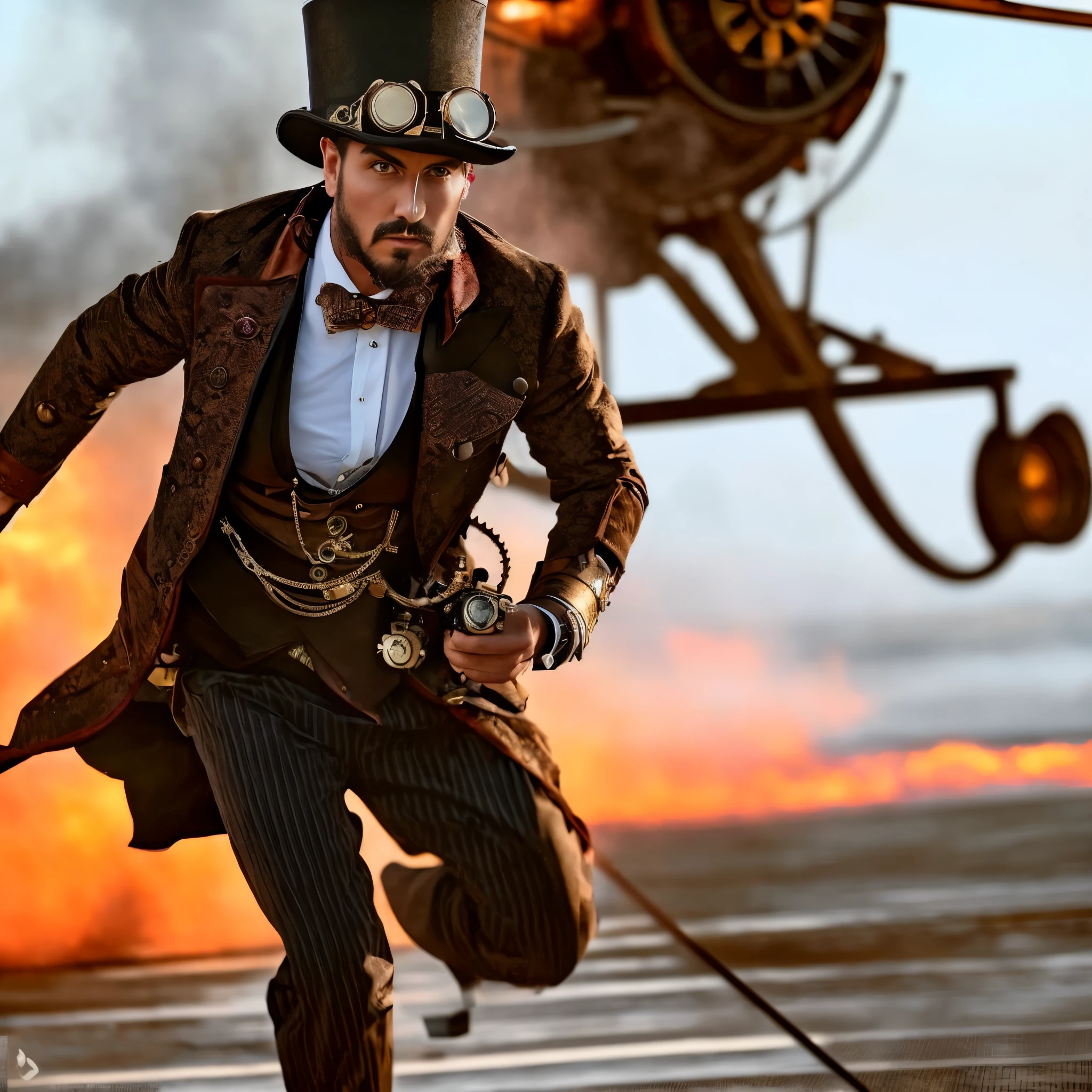 there is a man in a top hat and a suit running, steampunk imagery themed, steampunk fantasy style, steampunk superhero, steampunk style, wearing steampunk attire, steampunk fantasy, steampunc, in a steampunk world, steampunk clothes, steampunk air haven, steampunk aesthetic, steampunk fiction, steampunk, steampunk engineer, steam punk, steam punk style, steampunk! fiction, steampunk era