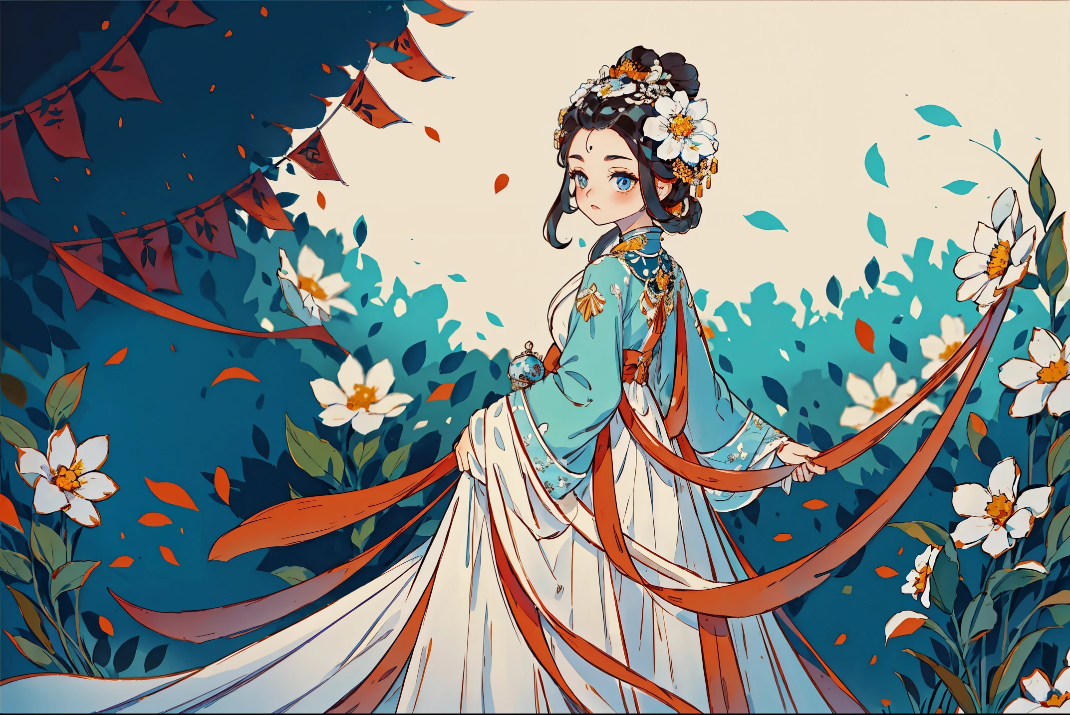 1 sister, Alone, looking at viewert, face flushed, Background with, black hair color hair, hair adornments, Qing Dynasty flag head,. Princess Crown, longer sleeves, white backgrounid, Eternal, Full body lesbian, flowers blooming, hairflower, hair-bun, butterflys, tmasterpiece, recent quality, The finest details, Clear facial features, beautidful eyes