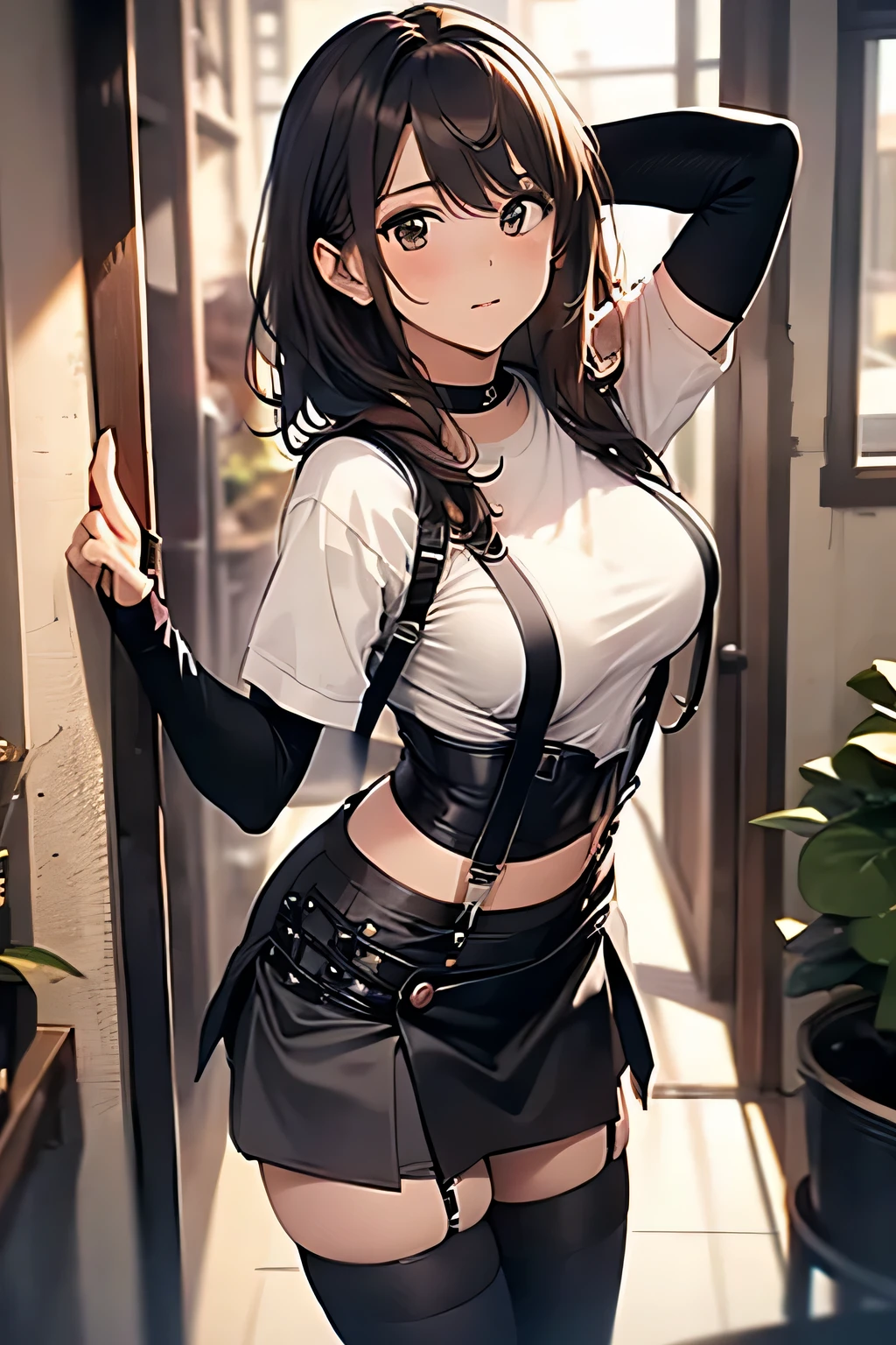 Brown hair、watching at viewers　　　black suspenders　　　Bulging big breasts　　 　 　　　walls: 　Black miniskirt　garters　　　　　　Gaze　　　Small face　bangss 　　　holster　　　Beautuful Women　　hands up　　レッグholster ベッドに横たわる　　Gaze 　black boots panty shot　provocation　flank　flank汗　soio 　arm