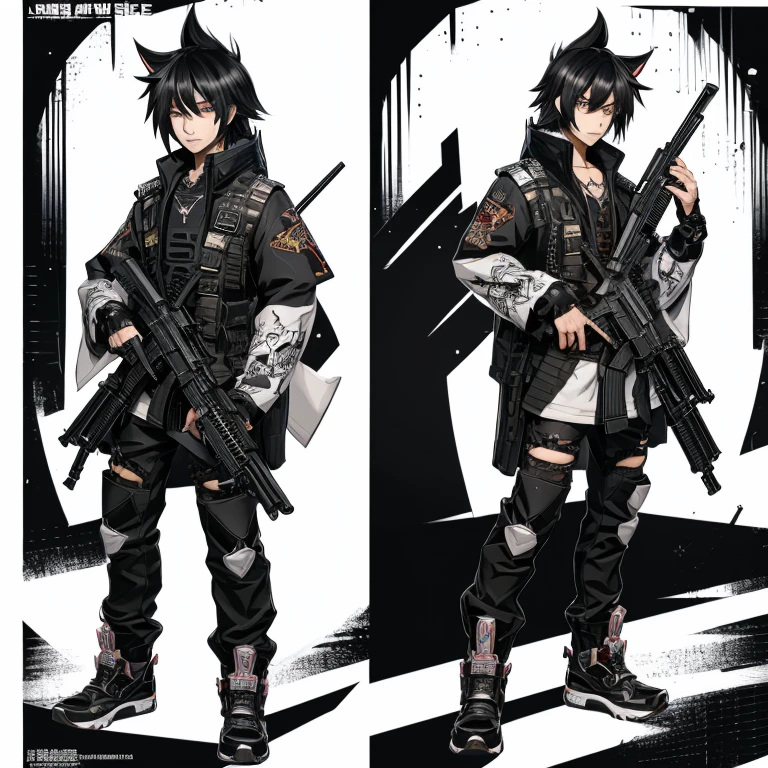 (masutepiece, Best Quality), (detailed hairs), Ultra-detailed, Anime style, Full body, Cyberpunk was a fox ninja boy, Wear black clothes, Black, And white street punk wear, guns,AK-47, 8K High Resolution, trend artstation, White background, Standing in the wasteland, Whole body,