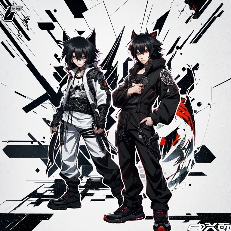 (masutepiece, Best Quality), (detailed hairs), Ultra-detailed, Anime style, Full body, Cyberpunk was a fox ninja boy, Wear black clothes, Black, And white street punk wear, guns，AK-47, 8K High Resolution, trend artstation, White background, Standing in the wasteland, Whole body,
