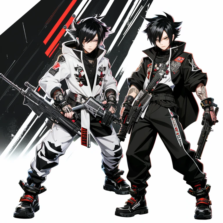 (masutepiece, Best Quality), (detailed hairs), Ultra-detailed, Anime style, Full body, Cyberpunk was a fox ninja boy, Wear black clothes, Black, And white street punk wear, guns,AK-47, 8K High Resolution, trend artstation, White background, Standing in the wasteland, Whole body,