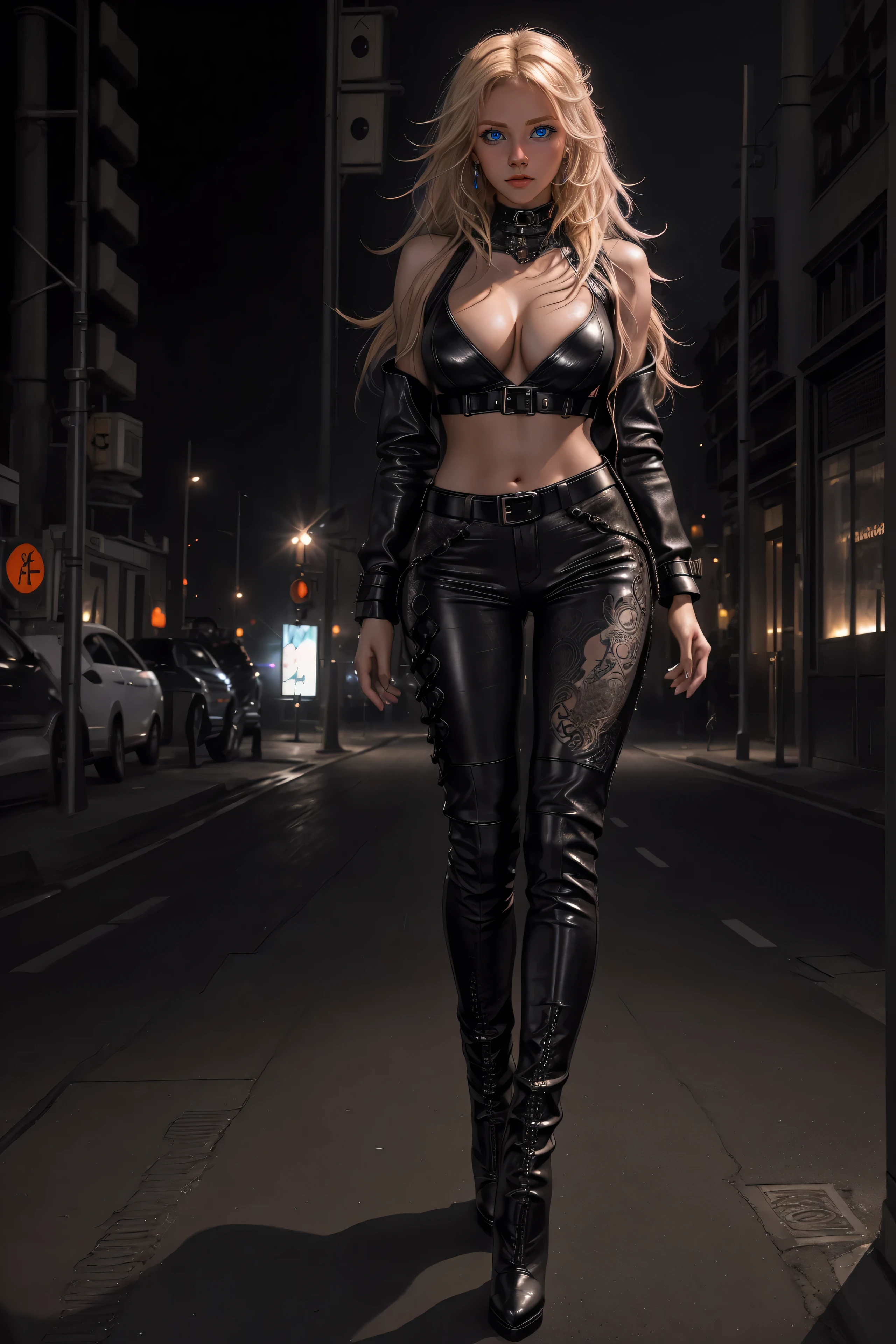 beautiful girl, ((chin: 1.4)), (confident gaze: 1.1), full body, long bright neon streaked blonde hair, ((realistic, highly detailed eyes: 1.4)), ((seductive pose : 1.2)), (full breasts: 1.2) black eyeshadow , (street style wear: 1.2), ((skinny leather pants)), ((knee-high leather boots)), ((dark, dead city street background: 1,4)), dark makeup, digital art, trendy artstation, highly detailed, fine details, intricate, detailed facial features, sharp focus, smooth, aesthetic