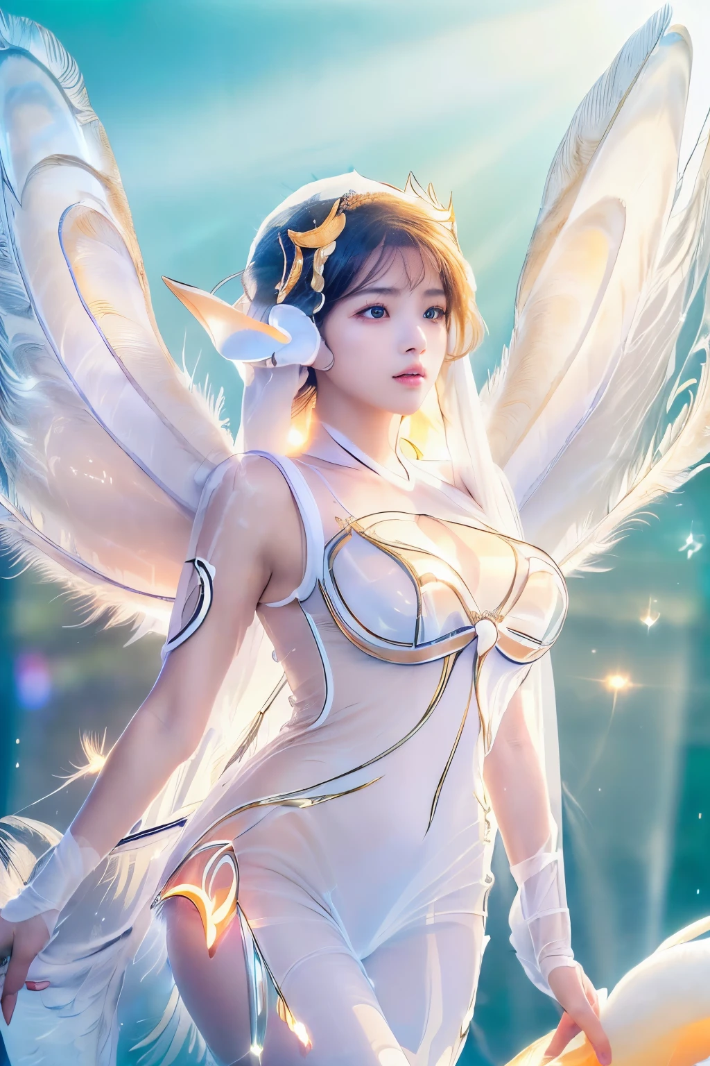 ((Best Quality　8K Masterpiece)) Japan transcendent beautiful girl　17 age　the golden ratio　(beautiful symmetrical eye　shiny plump lips:1.2) (She's facing the front:1.6)、Looking at the camera　 (angel costume　pure white transparent veil　Shining light　Swan feathers:1.6)  (Fly on wings:1.5)　(slenderbody　Beautiful breasts:1.4)　sexypose　Detailed and fantastic background