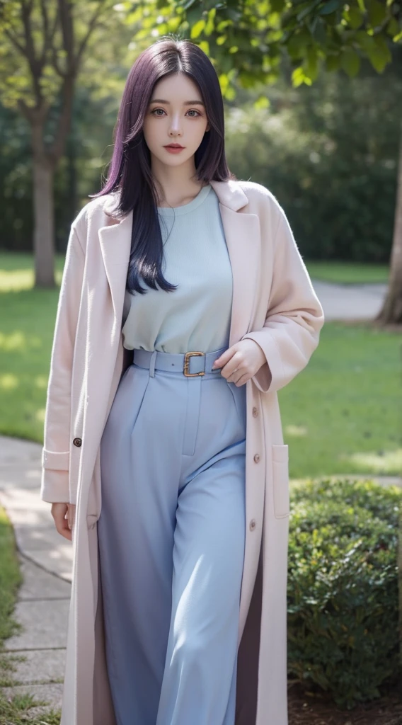 A beautiful woman standing, pale skin, smooth pale skin, skin tune pink, cute face, long dark blue hair, doctor's coat, strong, green eyes
