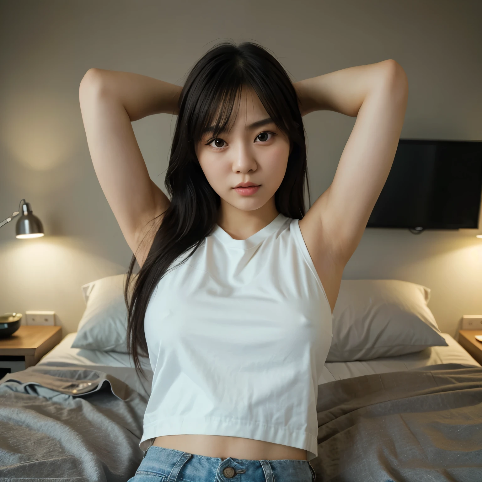 20 year old hyperrealistic korean girl casual outfit ,armpit on bed , looking at viewer,palaroid photo. The city lights are on. The lighting is perfect, the scene is sharp, extreme realism, cinematic image. palaroid photo (photorealistic:1.4), best quality, masterpiece, ultra high res, (detailed face:1.2), (detailed eyes:1.2), (detailed hair:1.2)