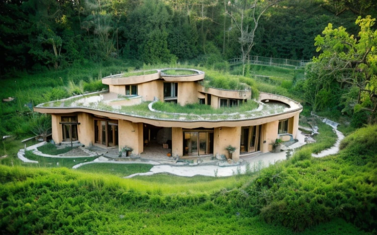 A photograph of a symmetrical contemporary organic house with clay plaster, there is a buttress in the wall, (((hyperbolic paraboloid green roof))), (((biological pool))), (((base wall rock foundation))), in a tropical bahia backyard, (((rustic clay stucco))), ((rustic clay plaster)), (((wooden roof structure, wooden rake, wooden fascia board))), eaves, ((roof with wooden structure)), cobhouse, ((natural houses, organic buildings, organic architecture)), ecovillage, sustainable architecture, bioconstruction architecture, solarpunk architecture, (((grass roof, green roof, green wave roof, rounded roof, vegetated roofs))), (((rock base foundation wall, foundation height 30cm, stone base wall 30cm high))), ((green architecture)), passive house, clear sky in the background, painful beauty, modern, imposing, green house, ((Bali hobbit Hadid Style)), super resolution, cinematic, color grading, editorial photography, photography, photo shoot, (((dramatic front eye top angle view)))