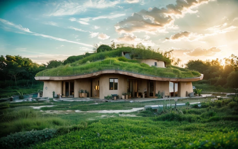 A photograph of a symmetrical contemporary organic house with clay plaster, there is a buttress in the wall, (((hyperbolic paraboloid green roof))), (((biological pool))), (((base wall rock foundation))), in a tropical bahia backyard, (((rustic clay stucco))), ((rustic clay plaster)), (((wooden roof structure, wooden rake, wooden fascia board))), eaves, ((roof with wooden structure)), cobhouse, ((natural houses, organic buildings, organic architecture)), ecovillage, sustainable architecture, bioconstruction architecture, solarpunk architecture, (((grass roof, green roof, green wave roof, rounded roof, vegetated roofs))), (((rock base foundation wall, foundation height 30cm, stone base wall 30cm high))), ((green architecture)), passive house, clear sky in the background, painful beauty, modern, imposing, green house, ((Bali hobbit Hadid Style)), super resolution, cinematic, color grading, editorial photography, photography, photo shoot, (((dramatic front eye top angle view)))