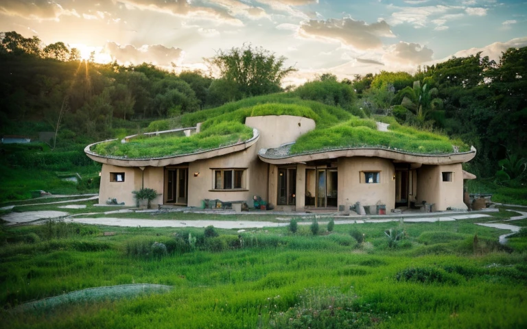 A photograph of a symmetrical contemporary organic house with clay plaster, there is a buttress in the wall, (((hyperbolic paraboloid green roof))), (((biological pool))), (((base wall rock foundation))), in a tropical bahia backyard, (((rustic clay stucco))), ((rustic clay plaster)), (((wooden roof structure, wooden rake, wooden fascia board))), eaves, ((roof with wooden structure)), cobhouse, ((natural houses, organic buildings, organic architecture)), ecovillage, sustainable architecture, bioconstruction architecture, solarpunk architecture, (((grass roof, green roof, green wave roof, rounded roof, vegetated roofs))), (((rock base foundation wall, foundation height 30cm, stone base wall 30cm high))), ((green architecture)), passive house, clear sky in the background, painful beauty, modern, imposing, green house, ((Bali hobbit Hadid Style)), super resolution, cinematic, color grading, editorial photography, photography, photo shoot, (((dramatic front eye top angle view)))