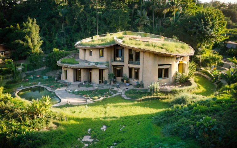 A photograph of a symmetrical contemporary organic house with clay plaster, there is a buttress in the wall, (((hyperbolic paraboloid green roof))), (((biological pool))), (((base wall rock foundation))), in a tropical bahia backyard, (((rustic clay stucco))), ((rustic clay plaster)), (((wooden roof structure, wooden rake, wooden fascia board))), eaves, ((roof with wooden structure)), cobhouse, ((natural houses, organic buildings, organic architecture)), ecovillage, sustainable architecture, bioconstruction architecture, solarpunk architecture, (((grass roof, green roof, green wave roof, rounded roof, vegetated roofs))), (((rock base foundation wall, foundation height 30cm, stone base wall 30cm high))), ((green architecture)), passive house, clear sky in the background, painful beauty, modern, imposing, green house, ((Bali hobbit Hadid Style)), super resolution, cinematic, color grading, editorial photography, photography, photo shoot, (((dramatic front eye top angle view)))