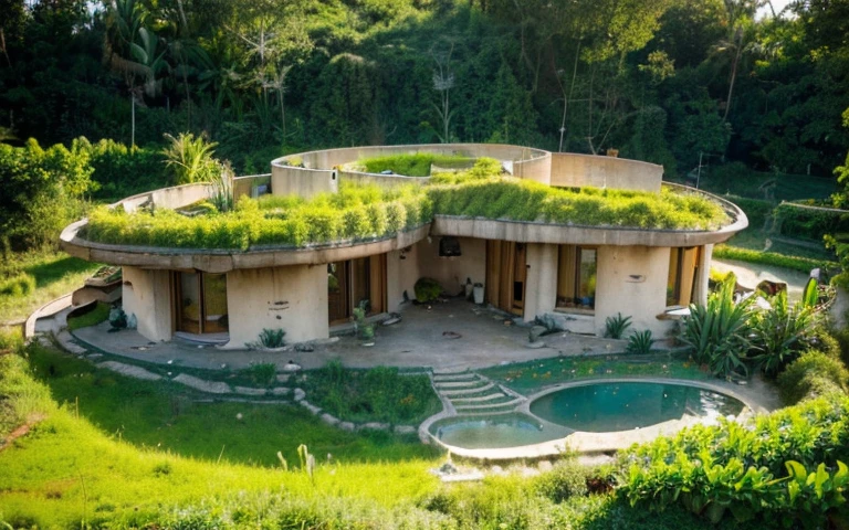 A photograph of a symmetrical contemporary organic house with clay plaster, there is a buttress in the wall, (((hyperbolic paraboloid green roof))), (((biological pool))), (((base wall rock foundation))), in a tropical bahia backyard, (((rustic clay stucco))), ((rustic clay plaster)), (((wooden roof structure, wooden rake, wooden fascia board))), eaves, ((roof with wooden structure)), cobhouse, ((natural houses, organic buildings, organic architecture)), ecovillage, sustainable architecture, bioconstruction architecture, solarpunk architecture, (((grass roof, green roof, green wave roof, rounded roof, vegetated roofs))), (((rock base foundation wall, foundation height 30cm, stone base wall 30cm high))), ((green architecture)), passive house, clear sky in the background, painful beauty, modern, imposing, green house, ((Bali hobbit Hadid Style)), super resolution, cinematic, color grading, editorial photography, photography, photo shoot, (((dramatic front eye top angle view)))