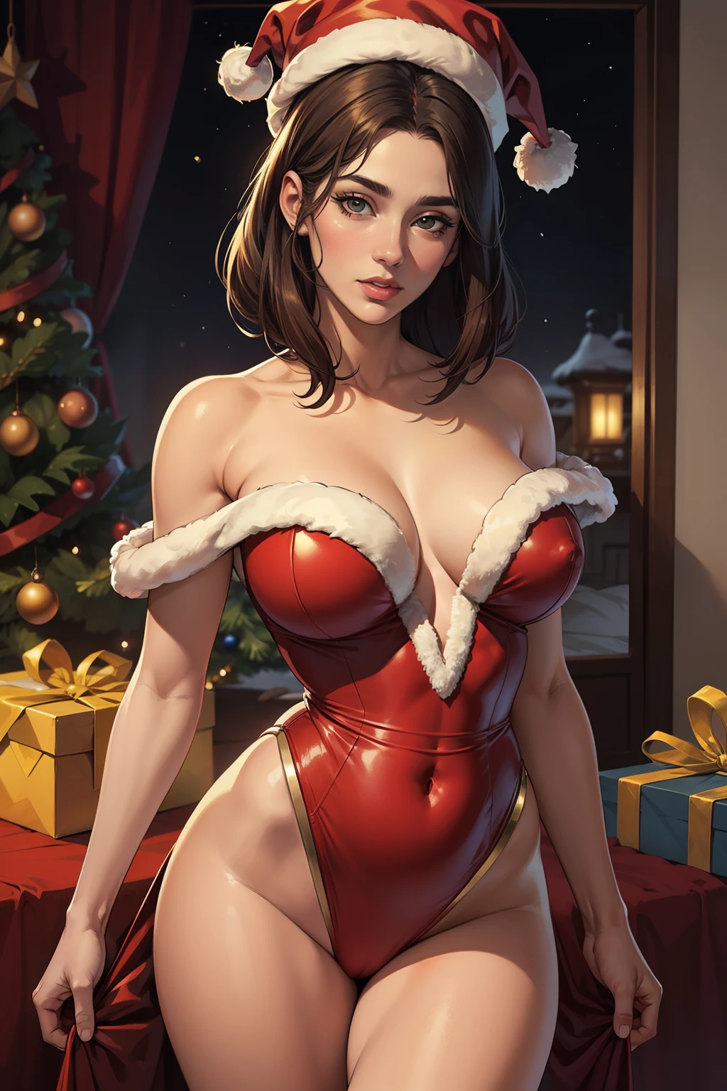 Hinata Hyuga, sozinho, cabelos longos, brown hair, Luvas, bareshoulders, olhos verdes, elbow Luvas, lips, Natal, santa hat, red Luvas, Traje de Papai Noel, Realistic, in cozy Natal workshop, Skimpy, colorido, alto contraste, fundo intrincado, pele altamente detalhada, 8k, UHD,(SFW),Selos Postais Vintage