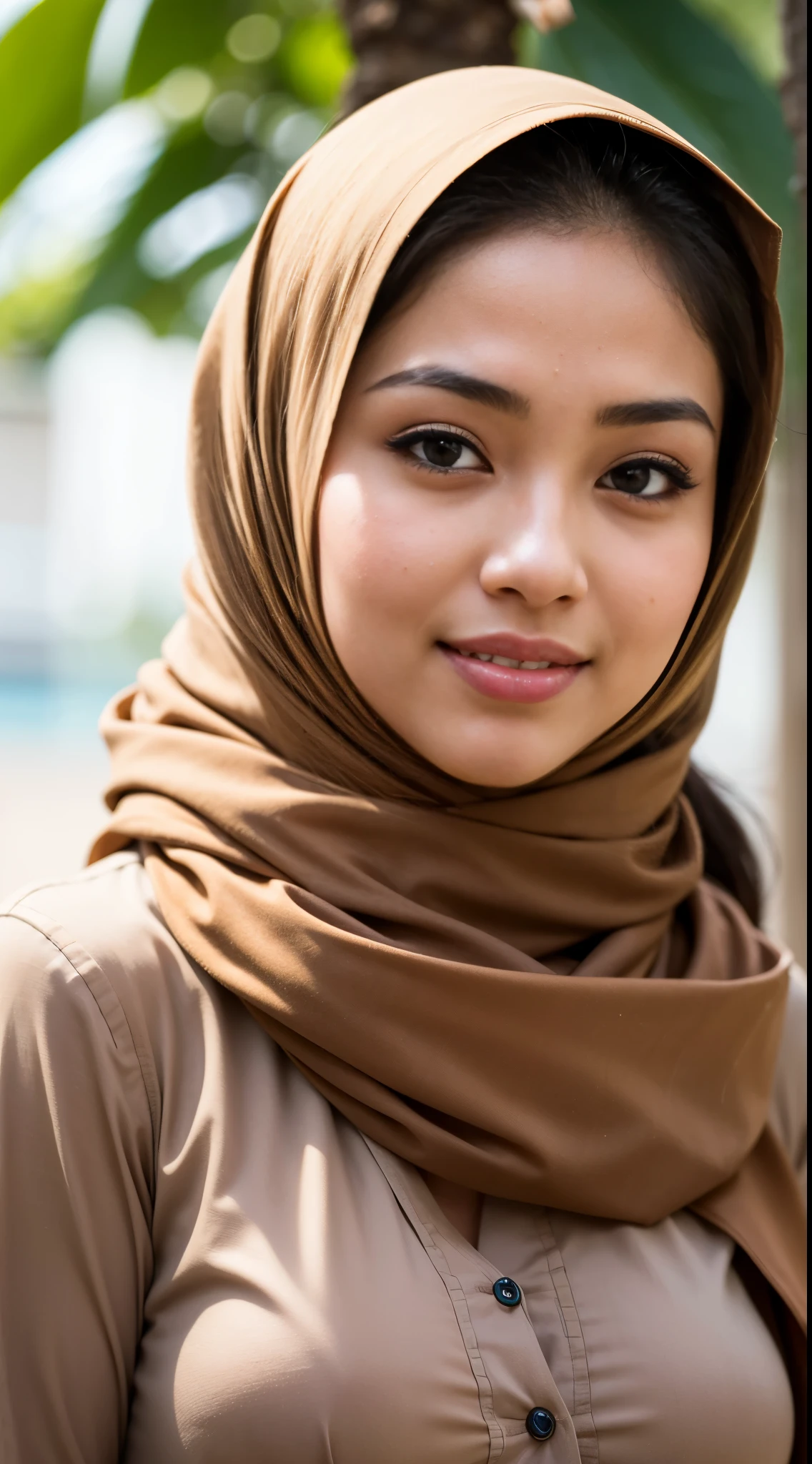 1 malay girl , modern plain hijab, shy, medium portrait shot , watery eyes ,lip watery, lip glossy, open mounth, big breast, 1 Malay girl, modern plain hijab, shy, medium portrait, watery eyes, RAW, Best quality, high resolution, masterpiece: 1.3), beautiful Malay woman in hijap:0.8),perfect nose,perfect lips, perfect eyes, detail :1.2), beautifull face, soft smile,Beautiful woman wearing a hijap, a woman in a brown dress and a brown scarf, hijab, jessica kumala wongso, Beutifull girl, lovely smile, lovely woman, with lovely look, with a beautifull smile, cute beautiful,((close up))