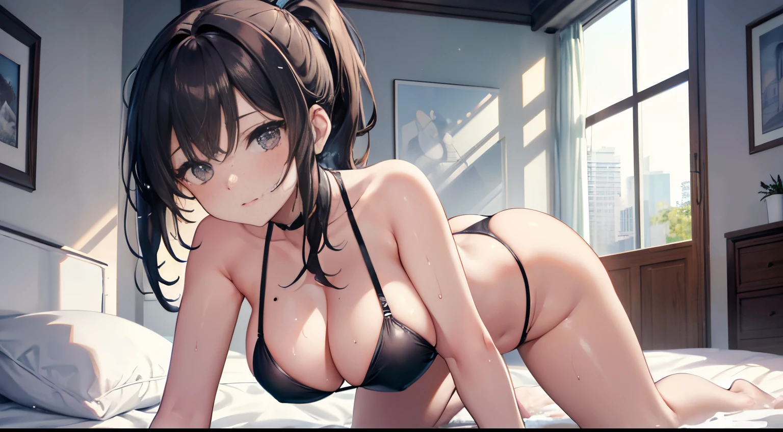 Busty wife,Side single ponytail,Black-brown hair,There is a mole under the left eye,Alone,,Put on sexy bikini,inside a room,,The figure of the female officer is clearly visible,There are deep marks on the lips,put your hand on your,Wet,and the body is soaked,,,unsatisfied, White panty hose,There is air leakage on the outside of the thigh、fullness,stooped,posterior view,kneeling on a bed ,White viscous fluid leaking from the middle of the thigh,Look at the back,Kneeling,posterior view,push-up position