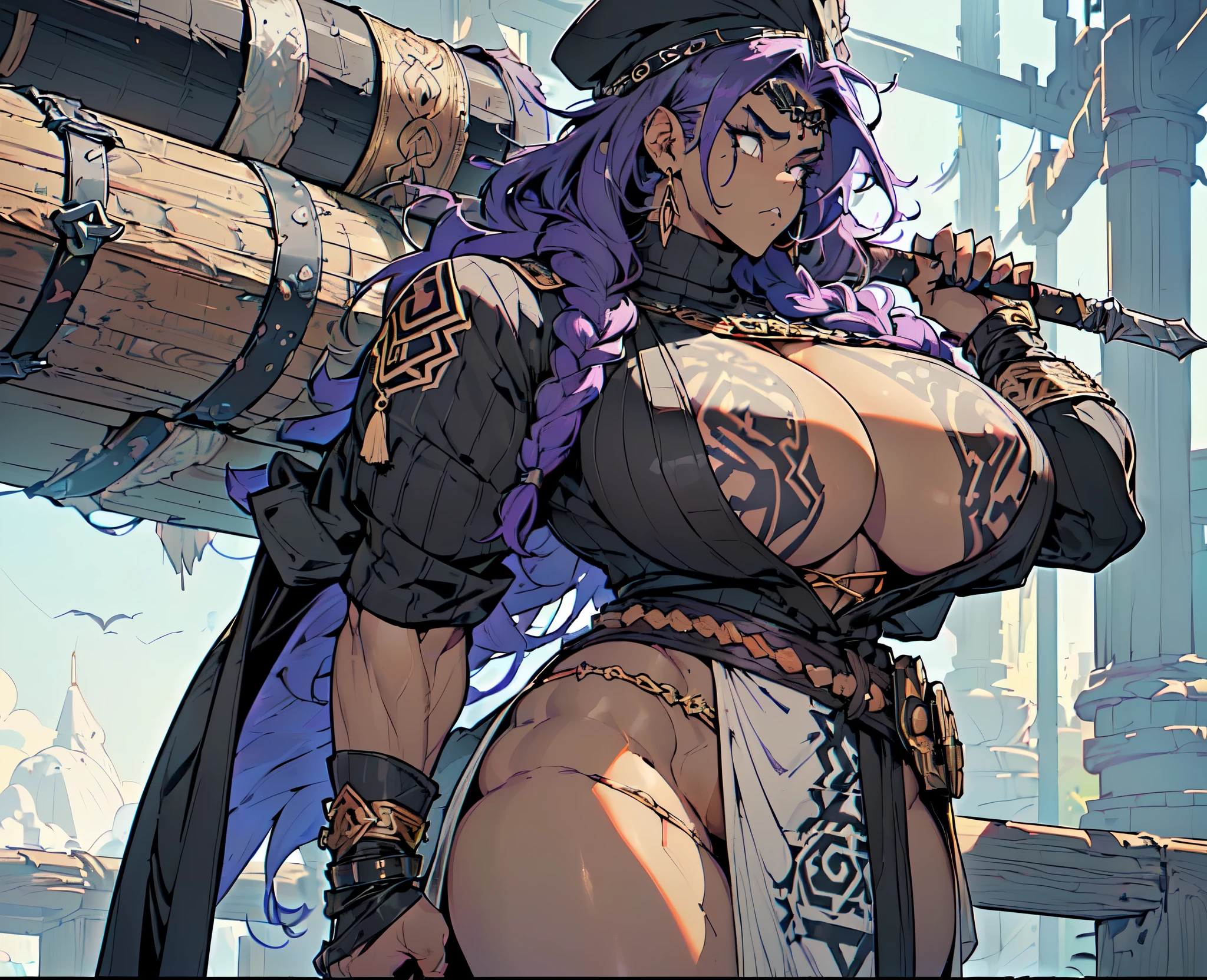 (Very angry girl with dark grey skin and tribal tatto), ((1girl)) dark purple hair, crazy messy curly long hair, (white eyeusculars), (thick thighs), solo, very angry, ((dark grey skin)), (10 pack abs), long leg muscular thighs, (strong jawline), ((((big huge saggy long tittieig muscular wide broad shoulders), wide hips huge, wide waste, (( very big muscular veiny arm)), big trapeziusfur coat, black crop top turtle neck sweater with no arm sleeves, fur cloak, ( military cap), (tribal loincloth dress), Golden barbarian belt, (holding weapon in the right), tribal garb clothing, thicc milf, muscular,