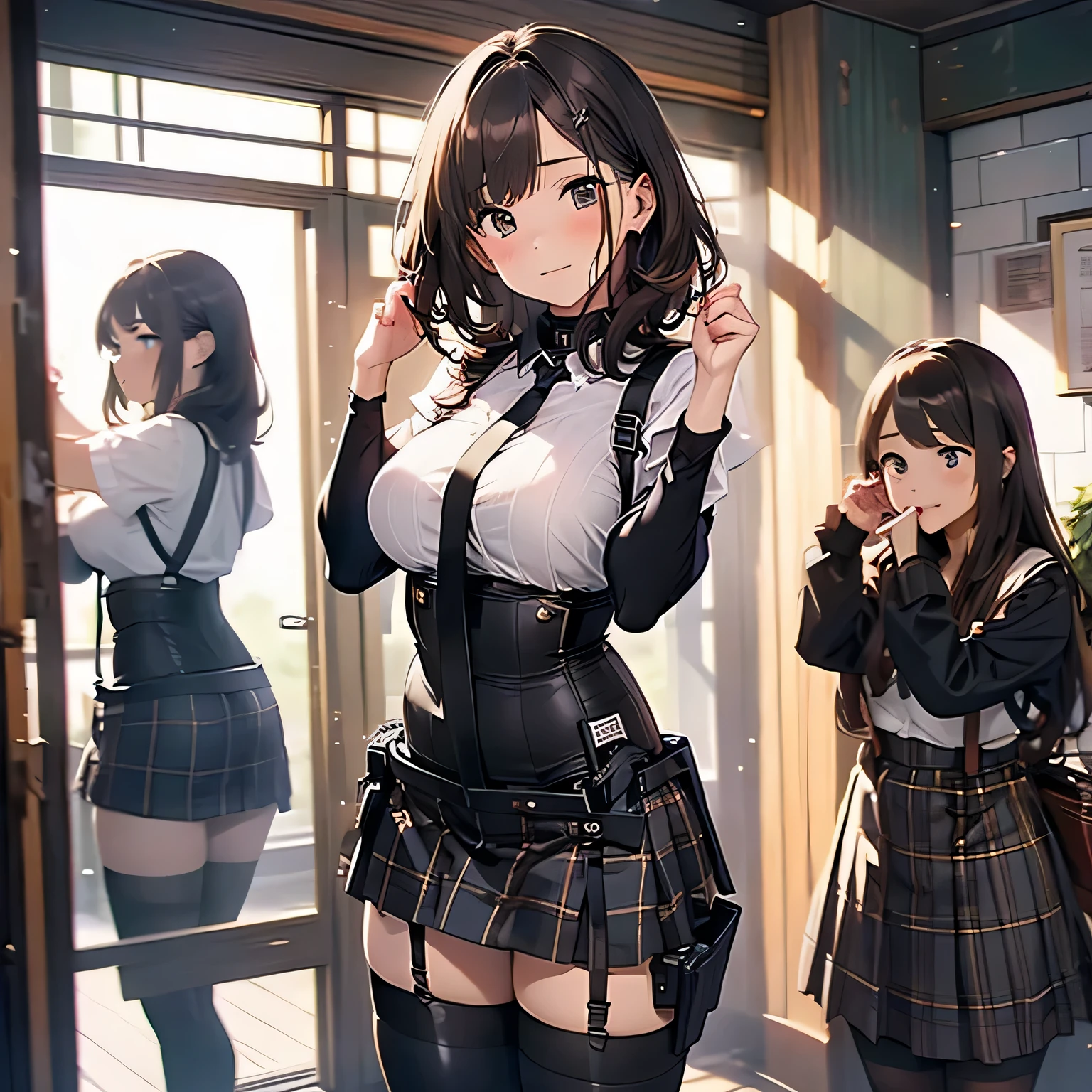 Brown hair、watching at viewers　　　black suspenders　　　bulging big tits　　 　 　　　walls: 　Black miniskirt　garters　　　　　　Gaze　　　a small face　bangss 　　　holster　　　Beautuful Women　　Hands up　　レッグholster ベッドに横たわる　　Gaze 　black boots panty shot　Provocation　flank　flank汗　Soio 　arms are