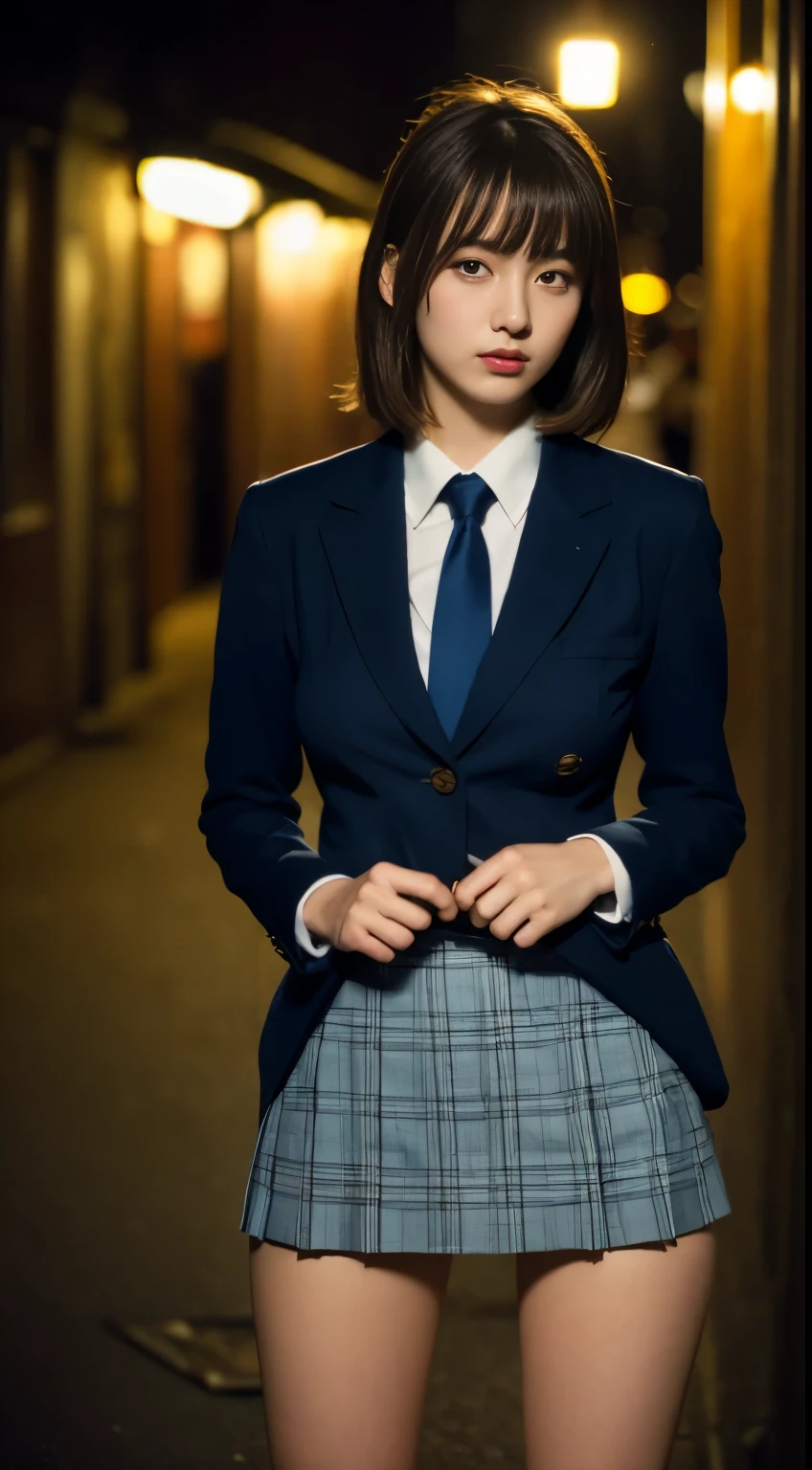 (8k, RAW photo, best quality, masterpiece: 1.2, realistic, photorealistic, high contrast, photon mapping, photonography, photorealistic, ultra-detailed, professional lighting, low angle: 1.2), (1 girl), (solo: 1.5), (full-body), (height is 175 cm), (18-year-old schoolgirl), (Shinjuku at night of Japan), (sidewalk), (Thailand high school uniform), (dark blue blazer: 1.2) , (Short plaid skirt: 1.2), (White shirt for students), (Tie: 1.2), (Squatting looking at the front), (Crotch open: 1.3), (Light brown medium hair), (Black loafers: 1.2), (Beauty face: 1.2), (Perfect proportions: 1.2), (Long leg: 1.2), (huge breasts: 1.anties visible from under skirt: 1.5), (white panties), (Textured skin)