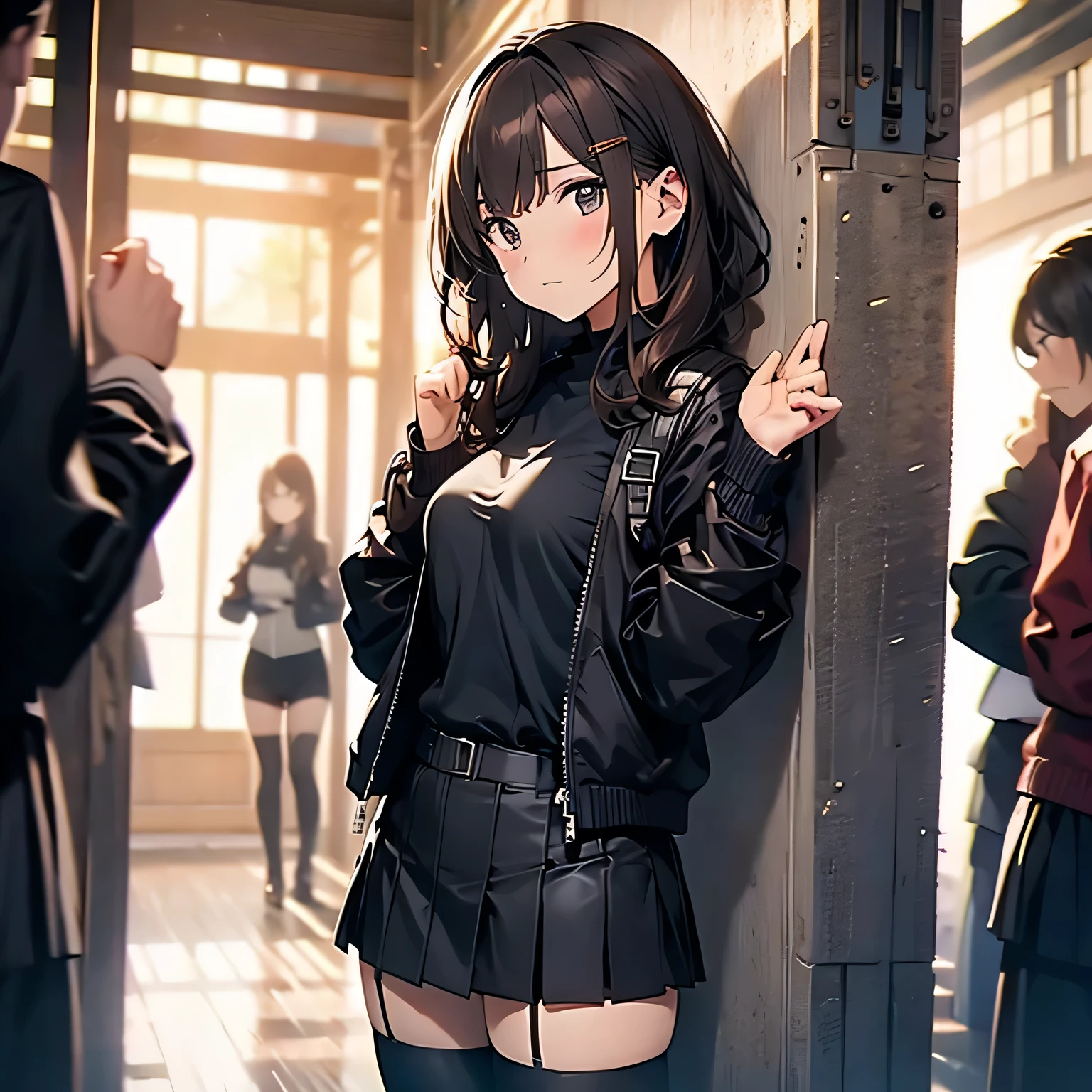 Brown hair、watching at viewers black suspenders bulging big tits walls: Black miniskirt garters Gaze a small face bangss holster Beautuful Women Hands up レッグholster ベッドに横たわる Gaze black boots panty shot Provocation flank flank汗 Soio black suits Black jacket Black pants