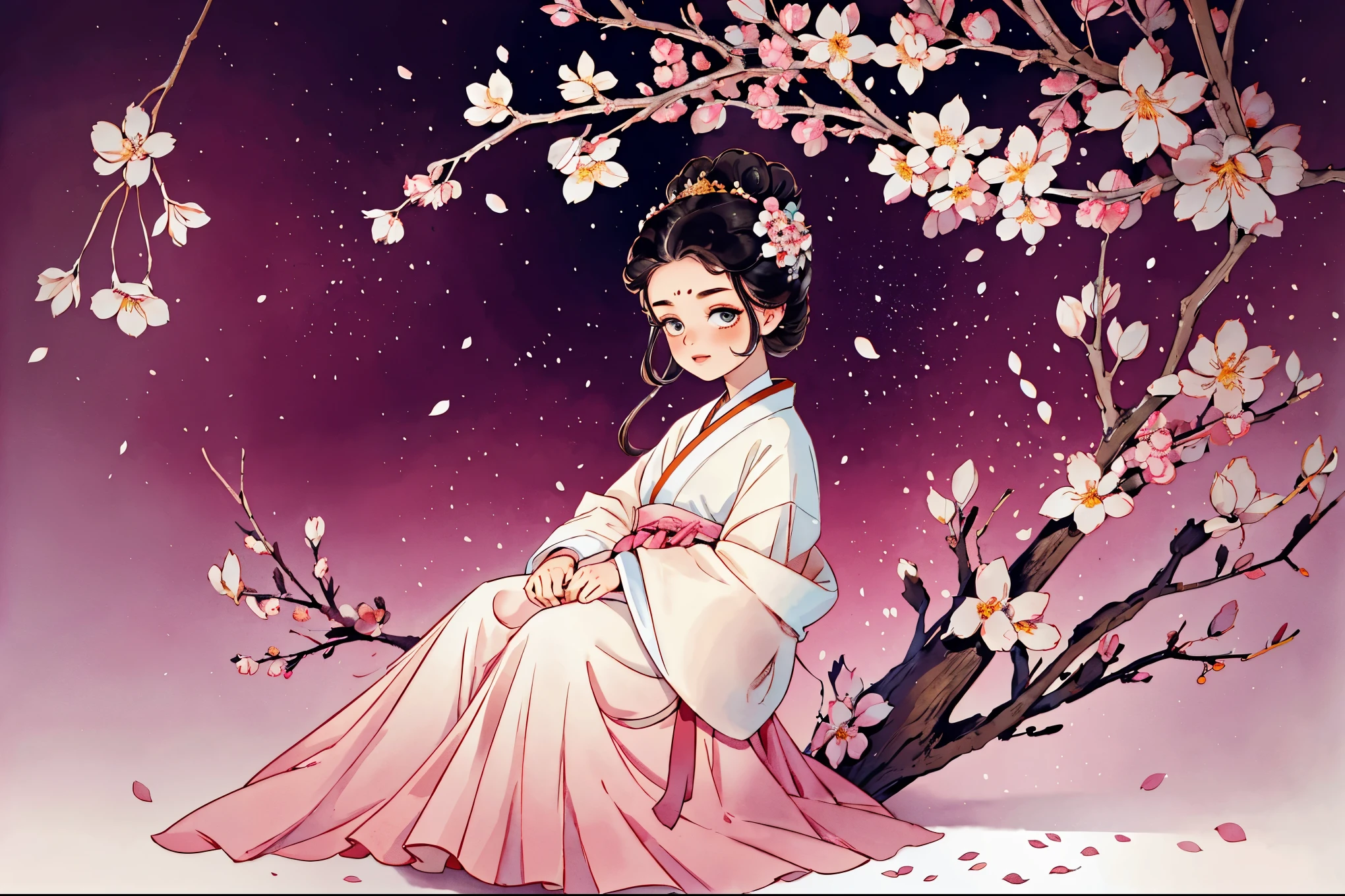 1 Sister, Alone, looking at viewert, face flushed, Background with, black hair color hair, hair adornments, longer sleeves, white backgrounid, everlasting, Full body lesbian, in pink, Sakura NS, flowers blooming, hairflower, hair-bun, butterflys, tmasterpiece, recent quality, The finest details, Clear facial features, beautidful eyes