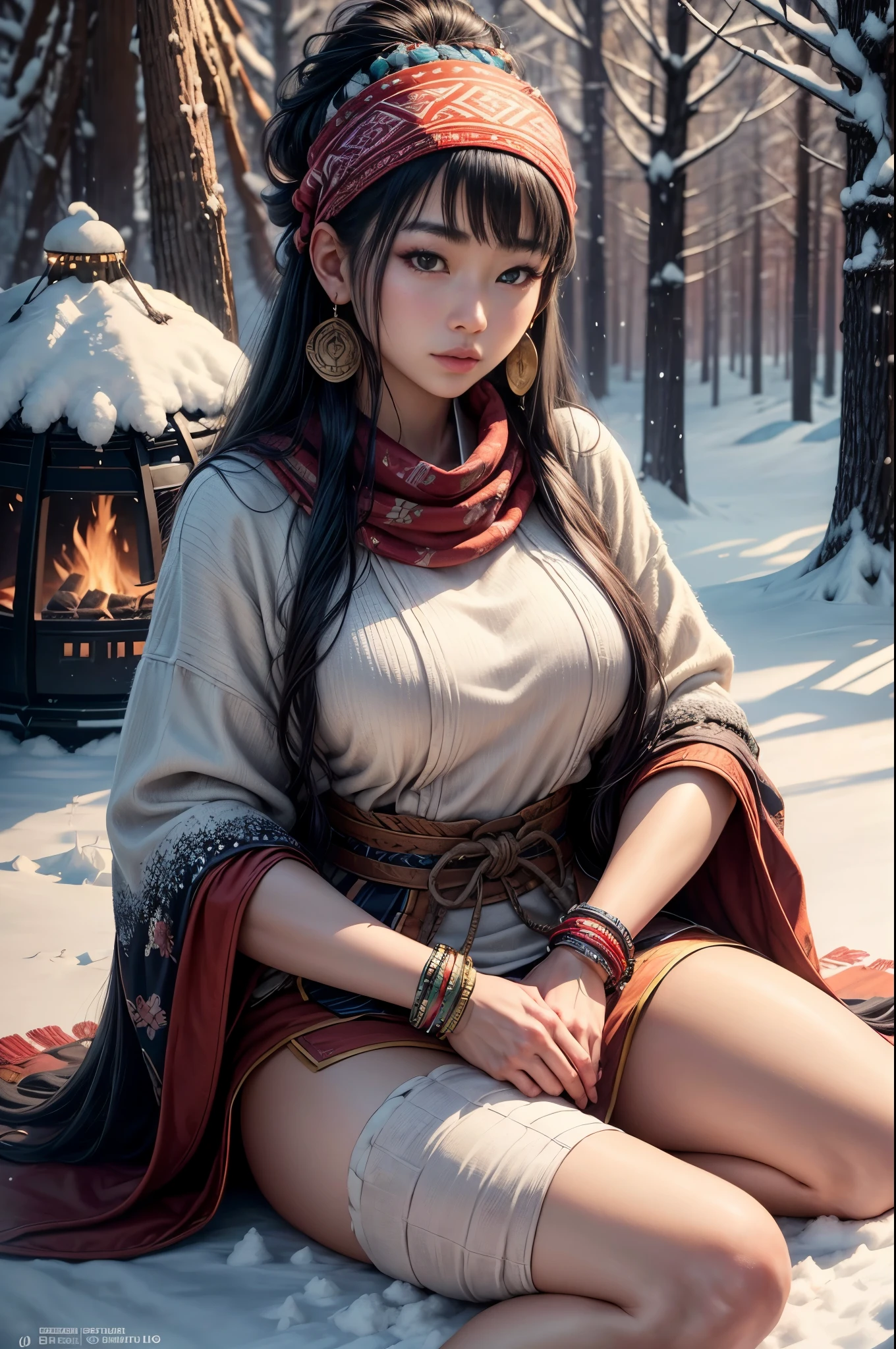 ((maximum quality, full body, hyper-realistic, 8k, high definition, detailed detailed piece)) master piece, a beautiful young indigenous Japanese woman, Ainu, black haired, very hot, horny, attractive, nice lips, thick thighs , big firm breasts, beautiful eyes, wearing a bandana on her head, wearing Earrings, bracelets, sexy tribal outfit made of animal skin, bare feet, sitting on the ground outdoors, in the forest, next to a campfire, in a winter day, with a forest in the background with trees covered in snow, and sparse snow scattered on the ground in the background.
