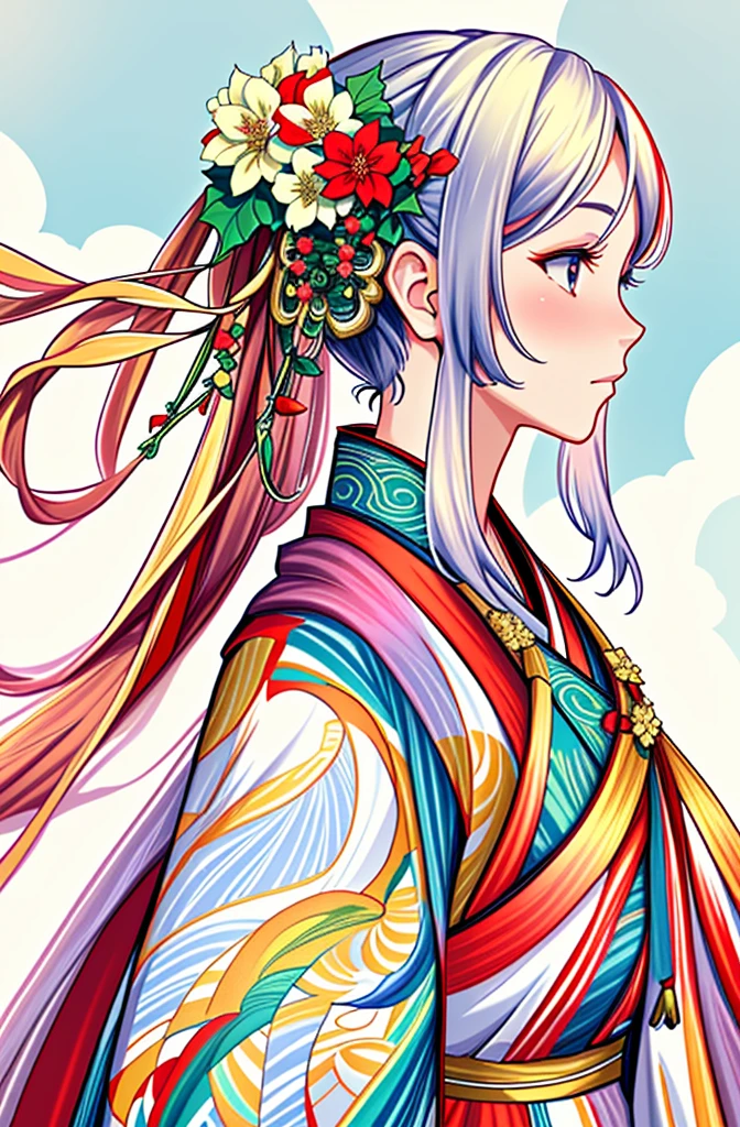 1girl, Colorful Kimono, Colorful hair ornaments, The background is a cloud-and-dragon pattern, highly detail, Mistletoe, poinsettia red, warm gold, porcelain