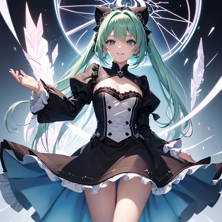 Upper body illustration ultra high resolution, Best aesthetic, Top quality depiction of the foot, Gothic lolita、Blue eyes、Green hair、Green and blue hair on the back, Flat Avatar, Blue eyes、sparkly eyes、Anime visuals of cute girls, Cute art style, Chibi, Shorthair, Ahoge, is shy, A smile, Clover Hair Ornament,Chest out, absurderes, superfine illustration,hight resolution, ultra-detailliert,Light diffusion,highly detailed light reflection, Kaleidoscope, Harmonious, Best Shadow, highly detailed very beautiful big smile face, beautiful growing crystal diamond star pupil,look at viewr, beautiful detailed hair, Solo, Dynamic Pose, beautiful detailed pink and black ribon, beautiful detailed High school uniform, Fantastic and sparkling throughout、Raindrops background、water dripping, full body