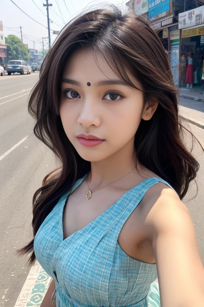 a woman in textile maxi dress, in front of a desolate street of india,1 woman, selfie, Korean idols, japanese beauty, high quality, (detailed face:1.4) best quality,8k,