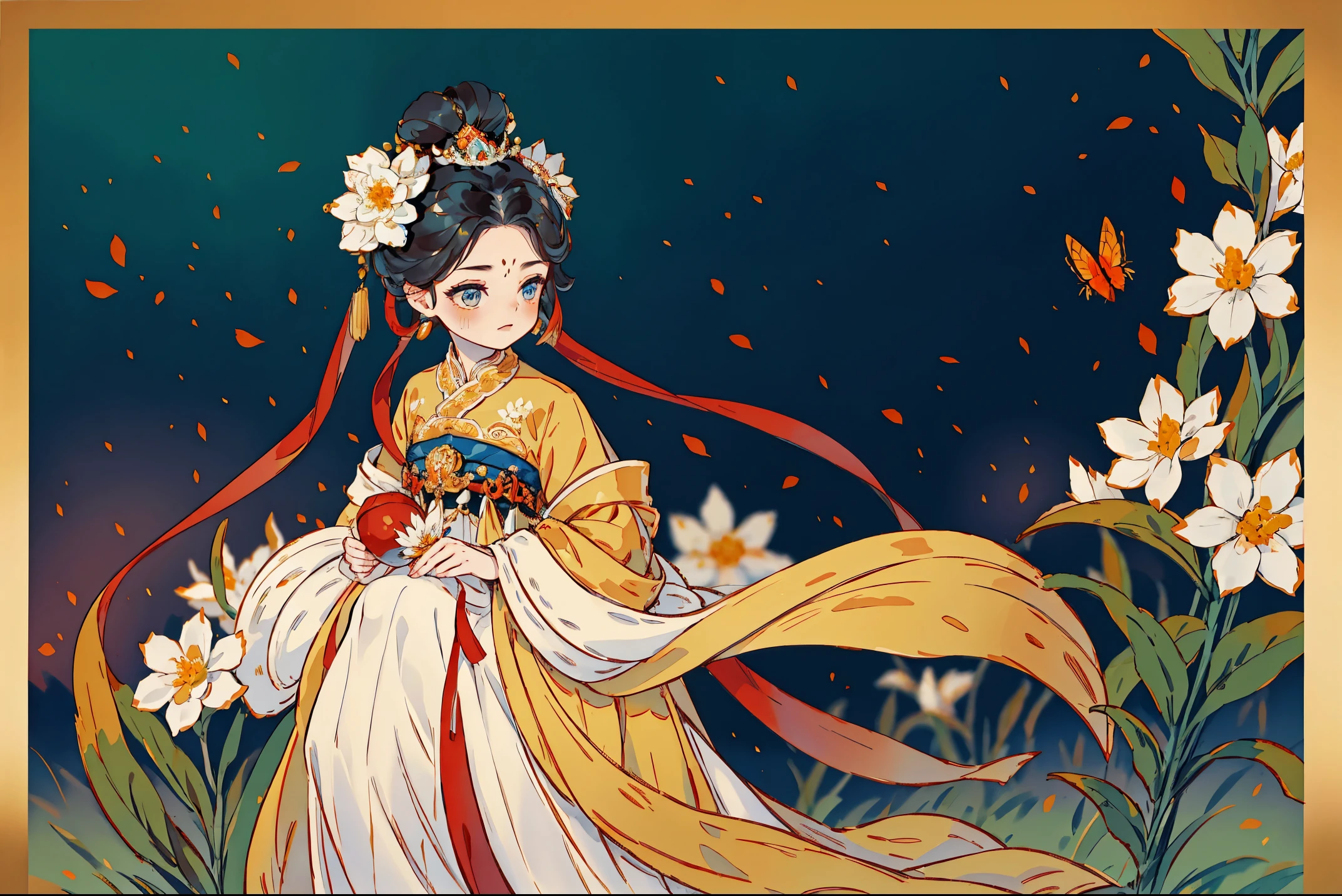 1 Sister, Alone, looking at viewert, face flushed, Background with, black hair color hair, hair adornments, Qing Dynasty flag head,. Princess Crown, longer sleeves, golden outfit, white backgrounid, Eternal, Full body lesbian, flowers blooming, hairflower, hair-bun, butterflys, tmasterpiece, recent quality, The finest details, Clear facial features, beautidful eyes