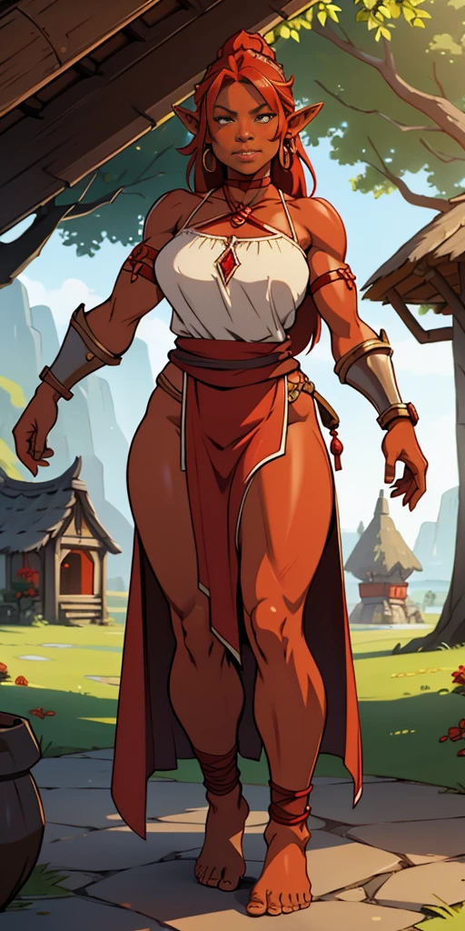 full body, barefoot, Solo, female, (orc, red skin), linen tunic, fantasy village, muscular, armor, slave outfit, bracers, shakcles, choker