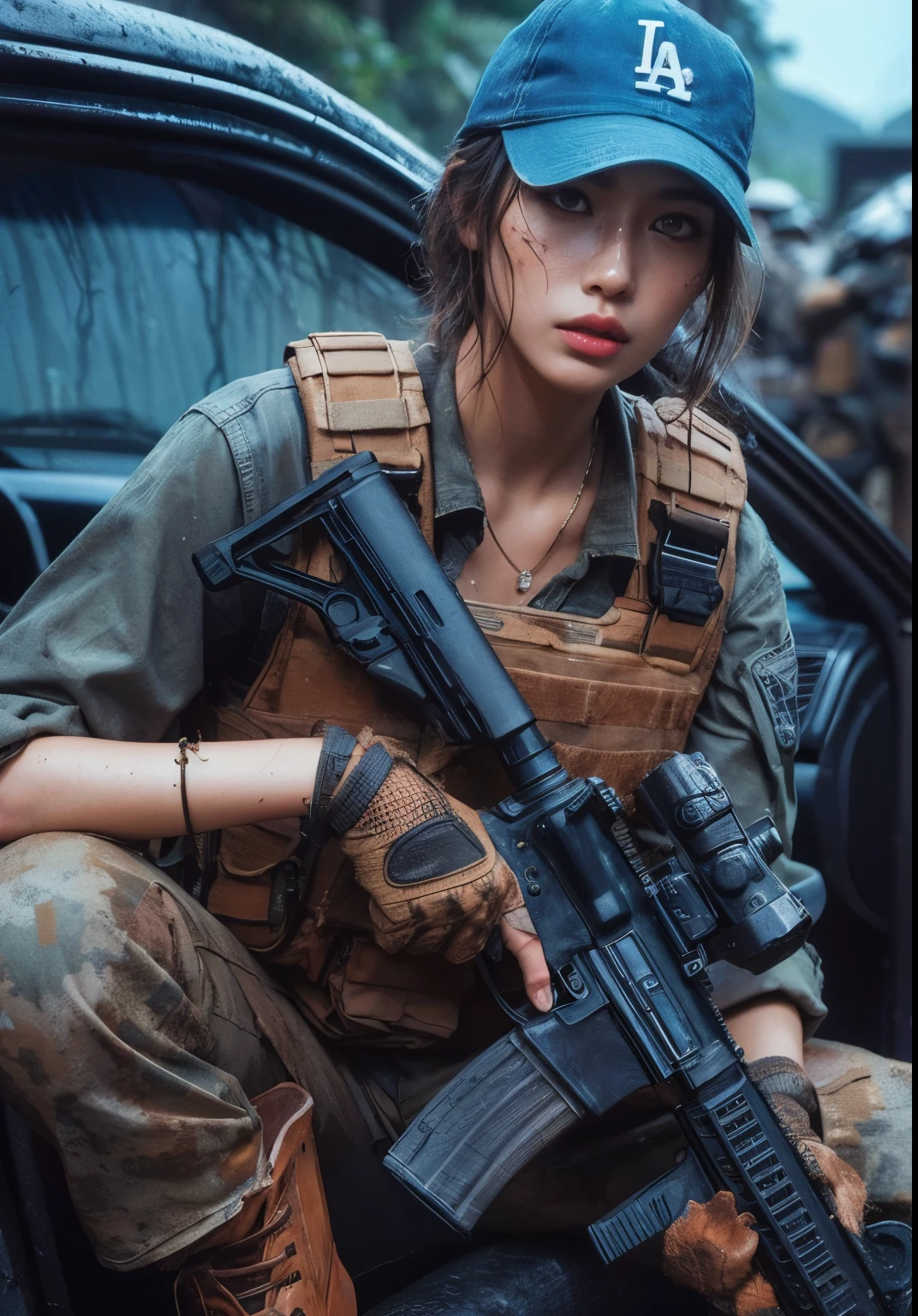 Photorealsitic、realistic skin textures、automatic rifle