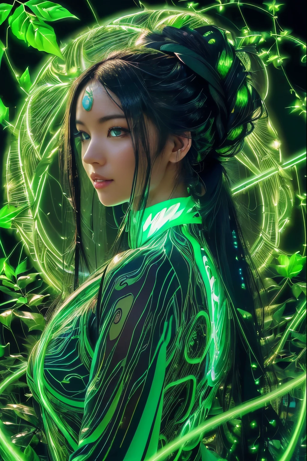((Ultra Long Exposure Photographan  woman with long black hair in space buns. She is the goddess of horticulture. She’s covered in millions of microscopic fibers, ultra bright neon strings emanating from her body. beautiful backlit silhouette, high detailed, covered in neon vines and leaves and futuristic flora. Green color palette.