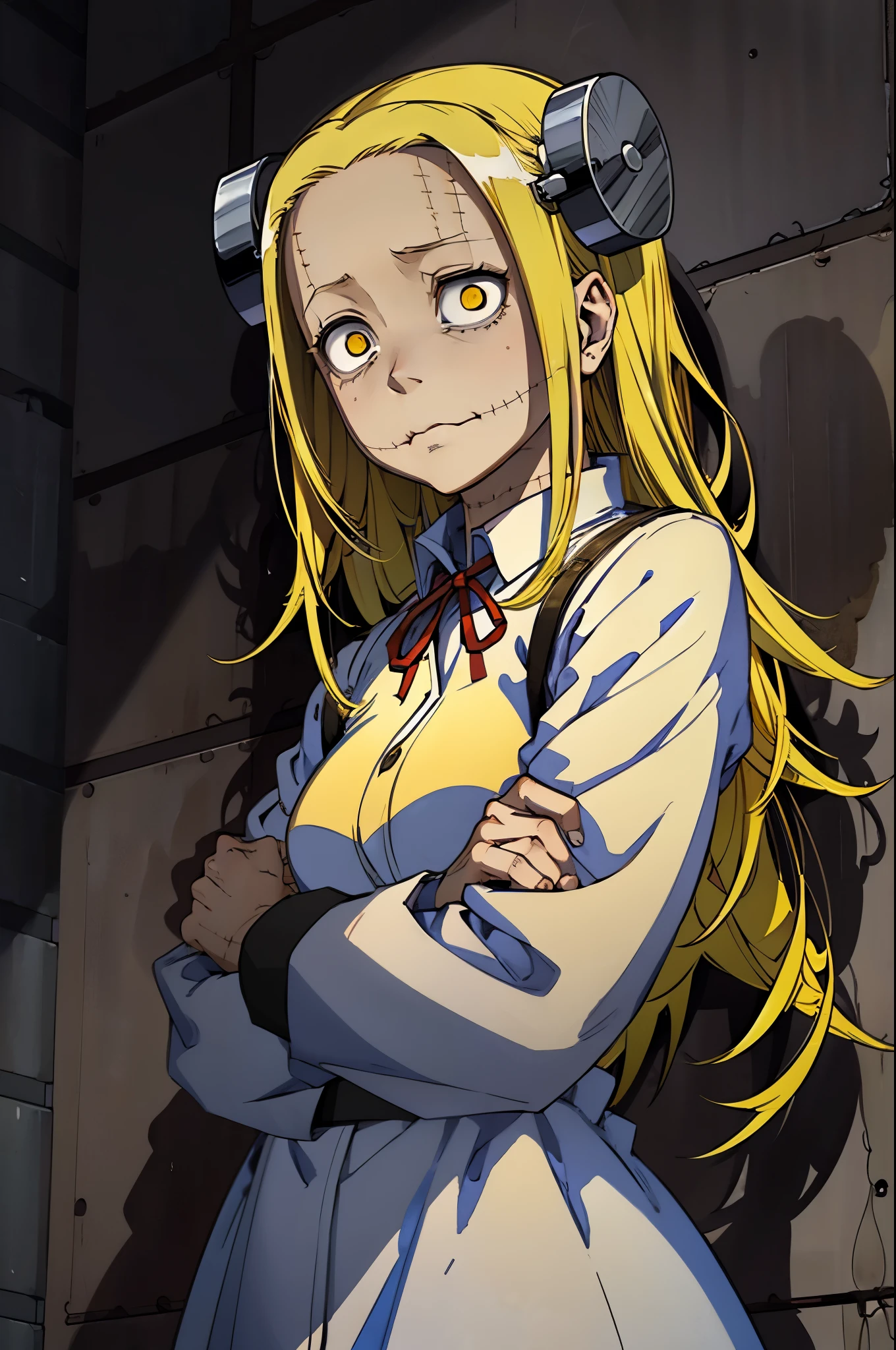 Madaraki_Fran,A girl , Scared ,the madhatter ,surgeon'gown ,Scared , Clean hands ,stunned, hairlong , yellow hair,seams , Scars on the body , A creepy look , scary eyes , An intimidating look , creepy smile , bags under eyes, ((((Tired)))) ,Disgruntled , Scared