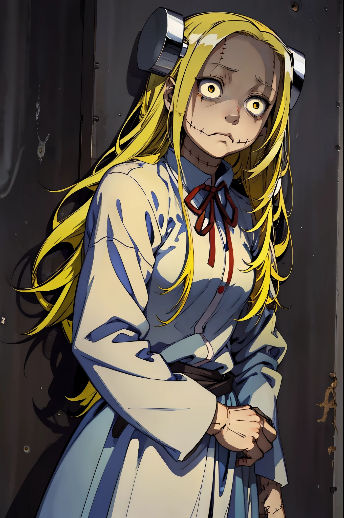 Madaraki_Fran,A  girl , Scared ,the madhatter ,surgeon&#39;gown ,Scared , Clean hands ,stunned, hairlong , yellow hair,seams , Scars on the body , A creepy look , scary eyes , An intimidating look , creepy smile , bags under eyes, ((((Tired)))) ,Disgruntled , Scared