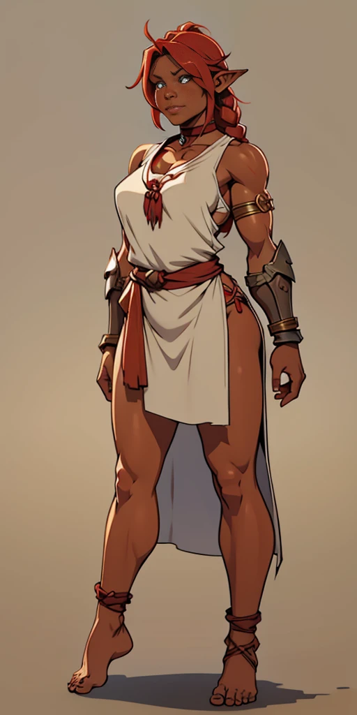 full body, barefoot, Solo, female, (orc, red skin), linen tunic, fantasy village, muscular, armor, slave, bracers, shakcles, choker