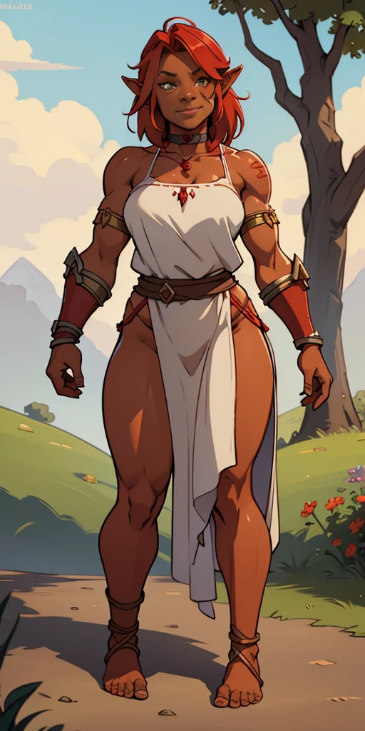 full body, barefoot, Solo, female, (orc, red skin), linen tunic, fantasy village, muscular, armor, slave outfit, bracers, shakcles, choker