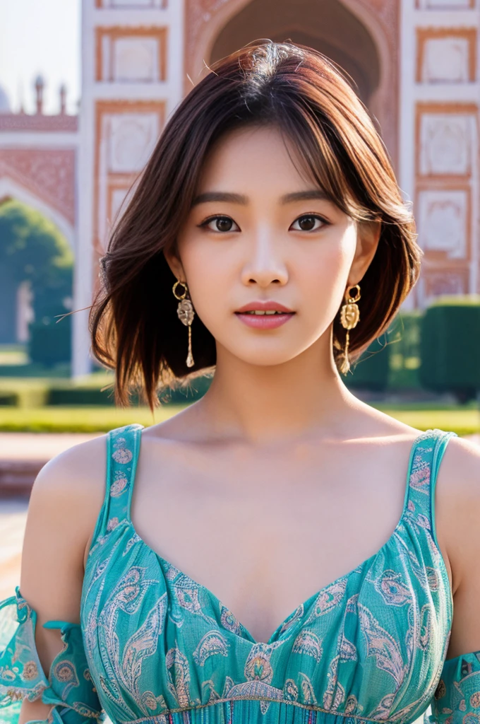a woman in textile maxi dress, in front of Taj mahal, 1 woman,Korean idols, japanese beauty, high quality, (detailed face:1.4) best quality,8k,