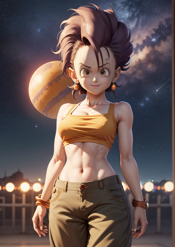 centered, award winning upper body portrait, cowboy shot, (looking at viewer:1.2), | solo, standing, smile, smug, Caulifla_DB,  bare shoulders, midriff, baggy pants, | space, stars, planet, | bokeh, depth of field, cinematic composition, |  dynamic pose,